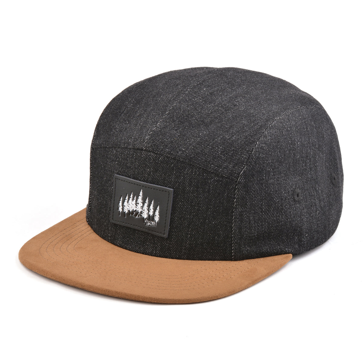 Denim Explorer 5-Panel Strapback Hat featuring black denim, light brown suede brim, and rectangle leather patch.