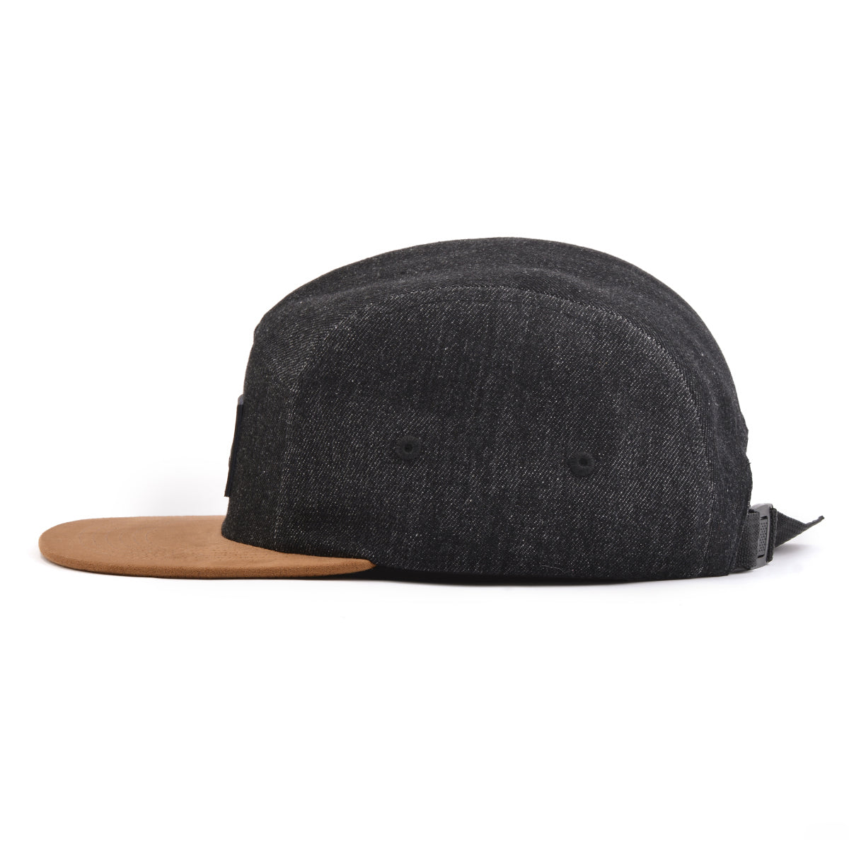 Denim Explorer 5-Panel Strapback Hat featuring black denim, light brown suede brim, and rectangle leather patch.