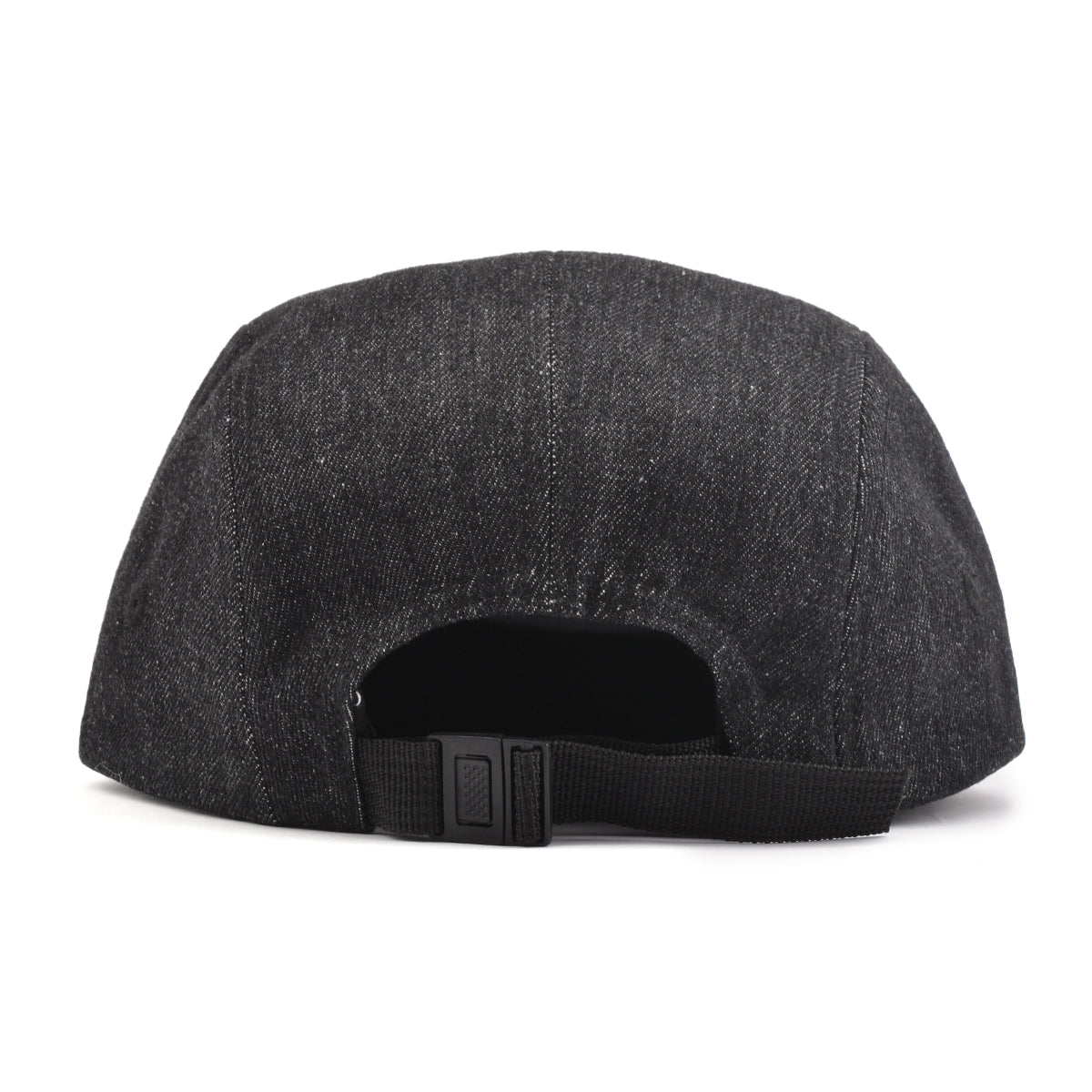 Denim Explorer 5-Panel Strapback Hat featuring black denim, light brown suede brim, and rectangle leather patch.