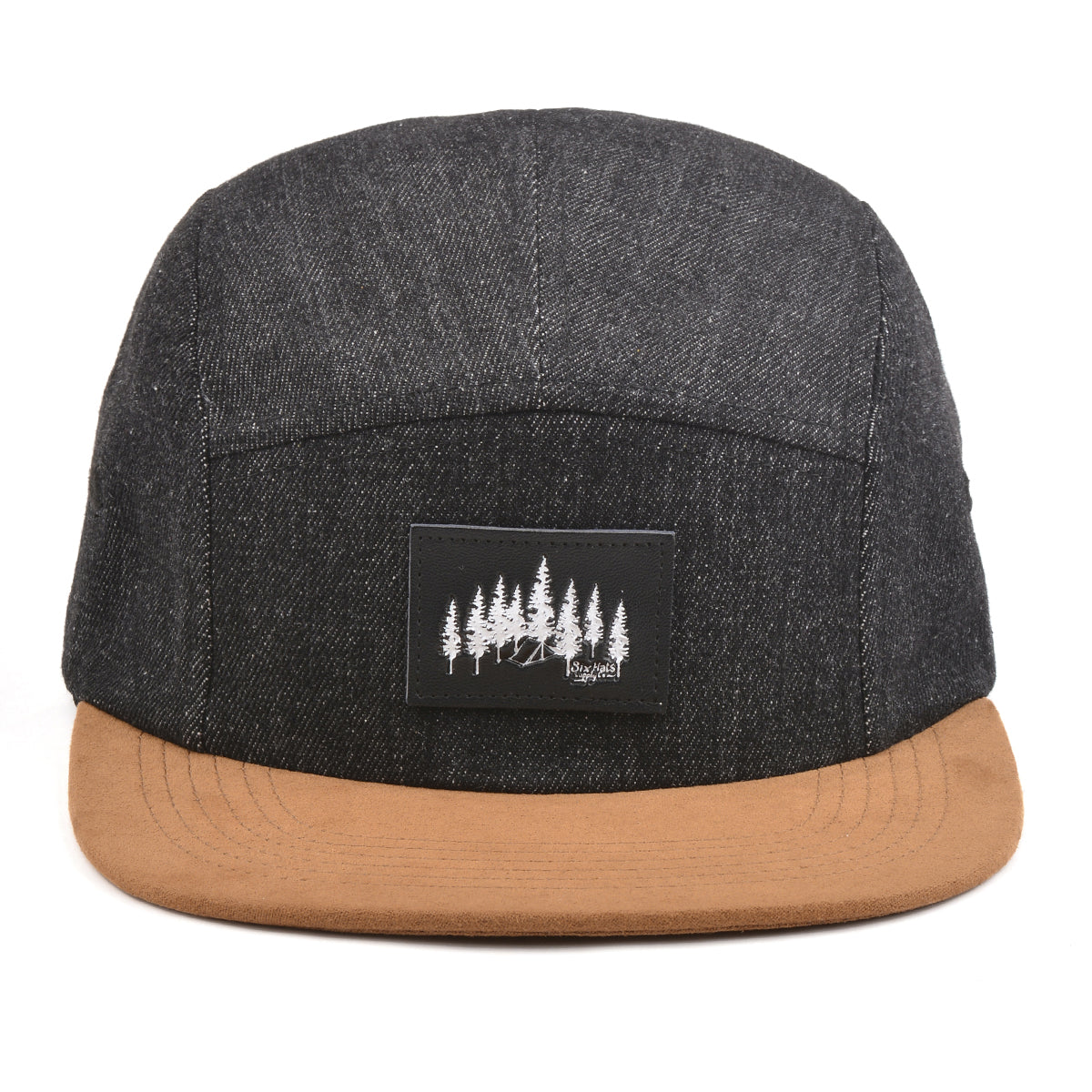 Denim Explorer 5-Panel Strapback Hat featuring black denim, light brown suede brim, and rectangle leather patch.