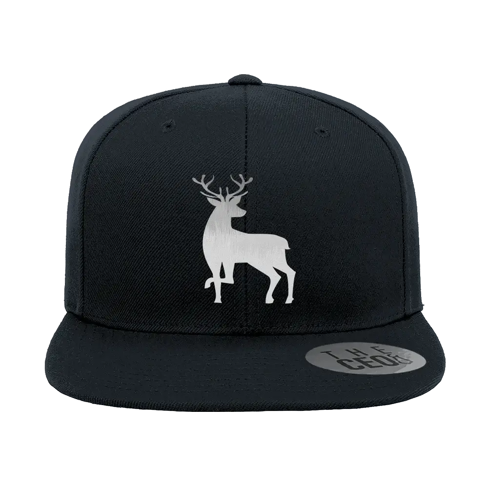 Deer Color 2 Embroidered Flat Bill Hat featuring a structured design, green under visor, and snapback closure.