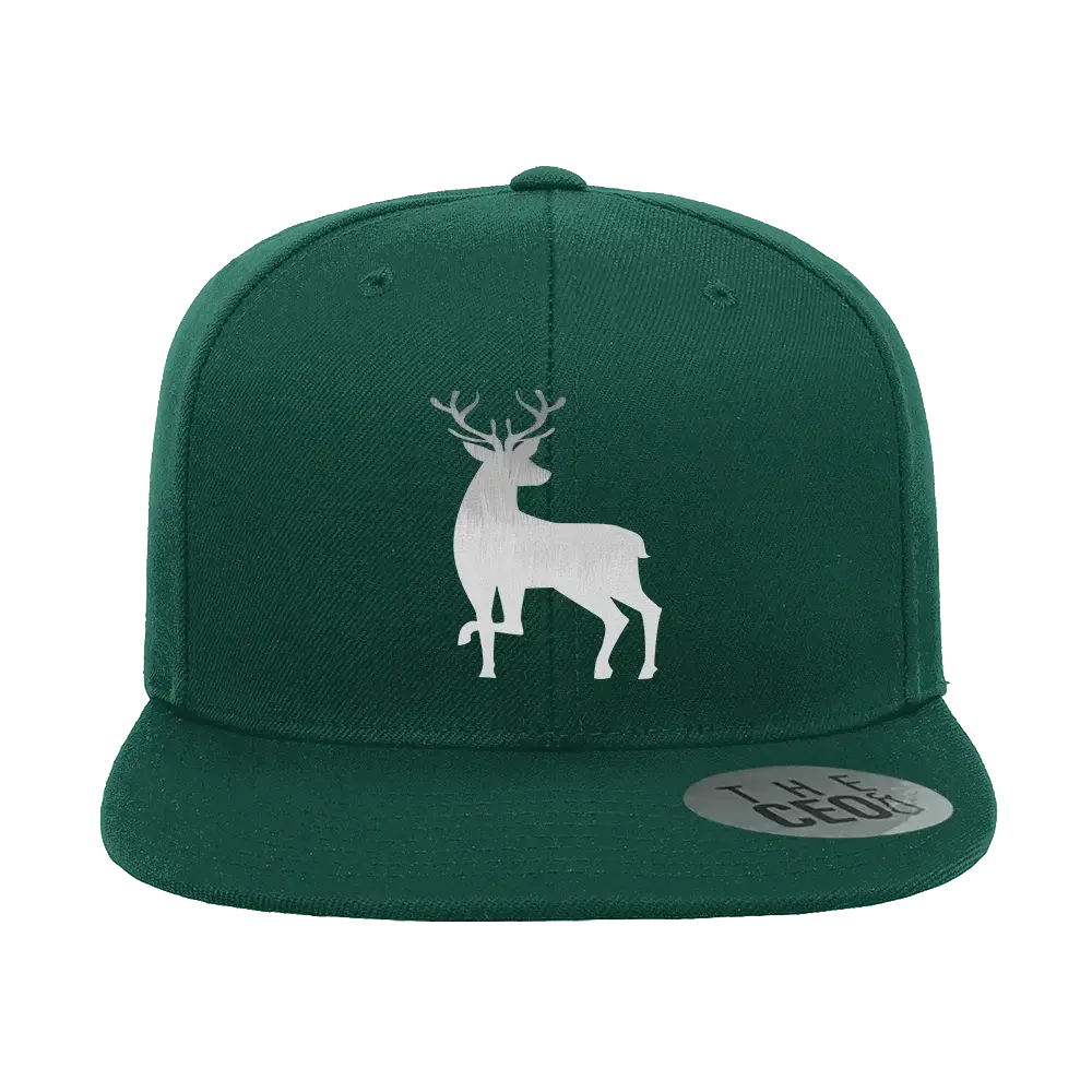 Deer Color 2 Embroidered Flat Bill Hat featuring a structured design, green under visor, and snapback closure.