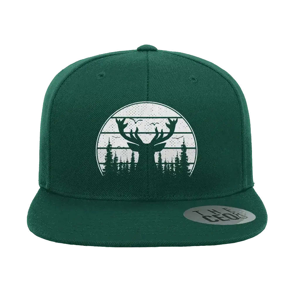 Deer Color Embroidered Flat Bill Hat showcasing a structured design with a green under visor and snapback closure.