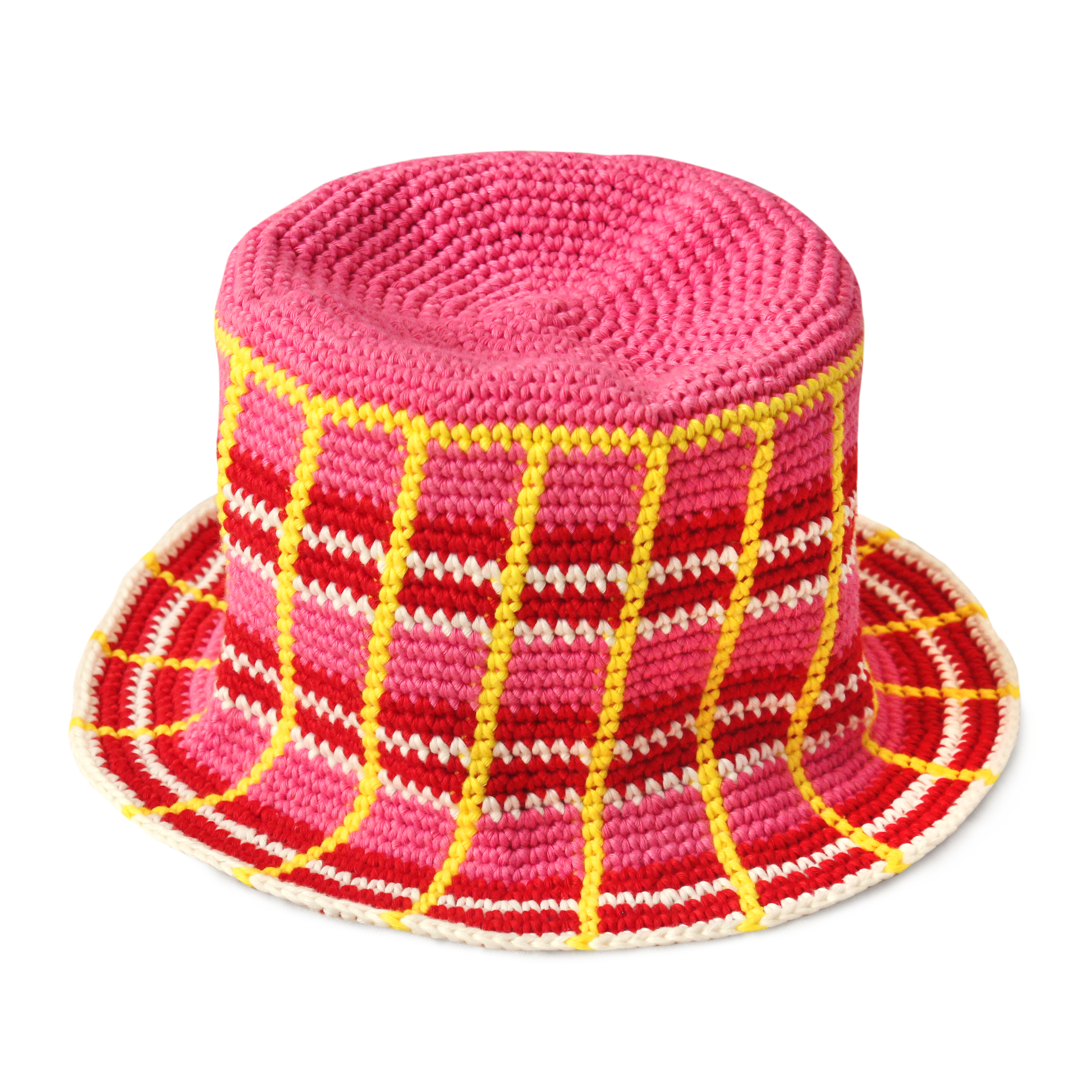 A stylish DERBY Plaid Crochet Hat hand-crocheted in vibrant colors, showcasing a plaid pattern, perfect for sunny outdoor occasions.