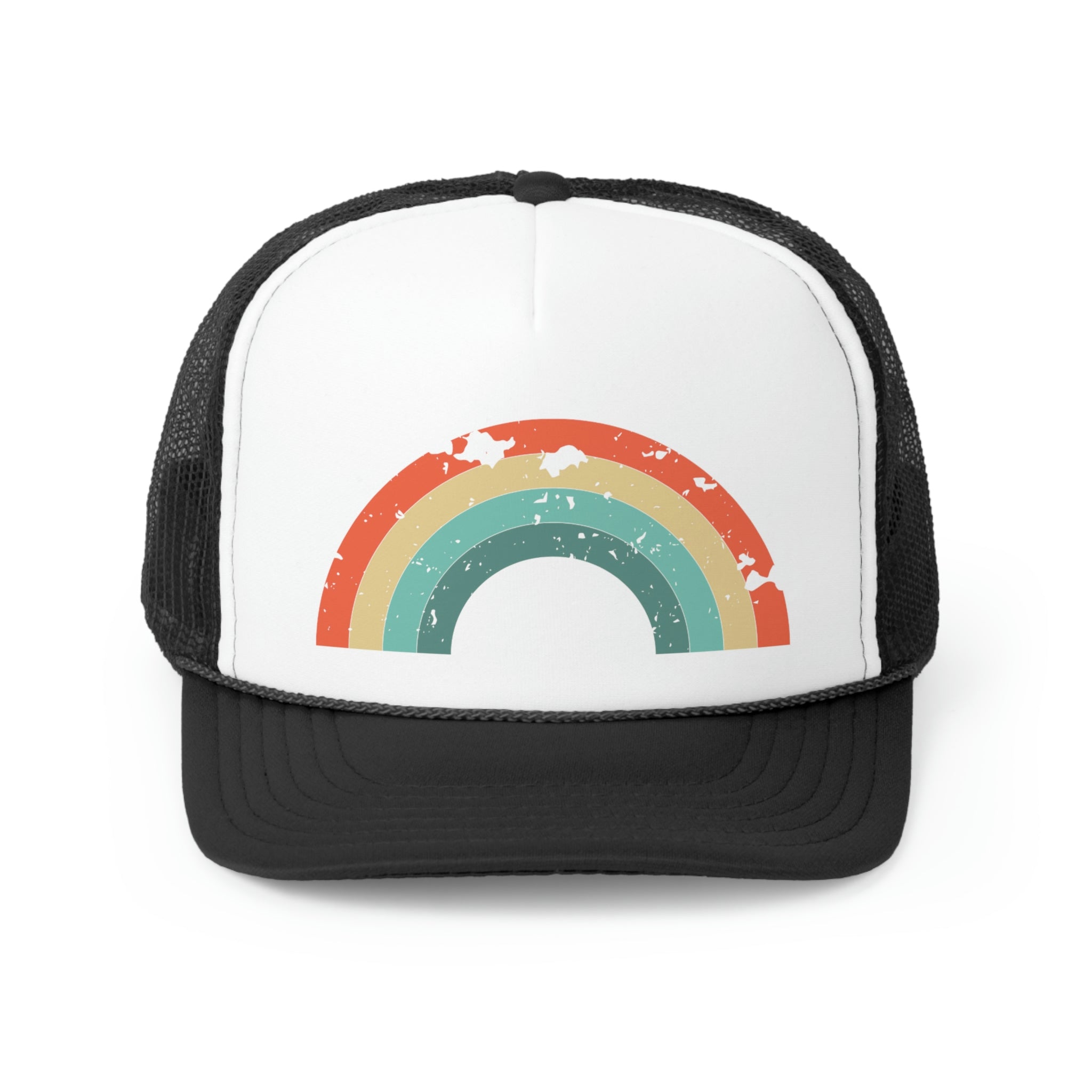 Distressed Retro Rainbow Trucker Hat featuring a colorful rainbow design and adjustable snap closure, perfect for casual wear.