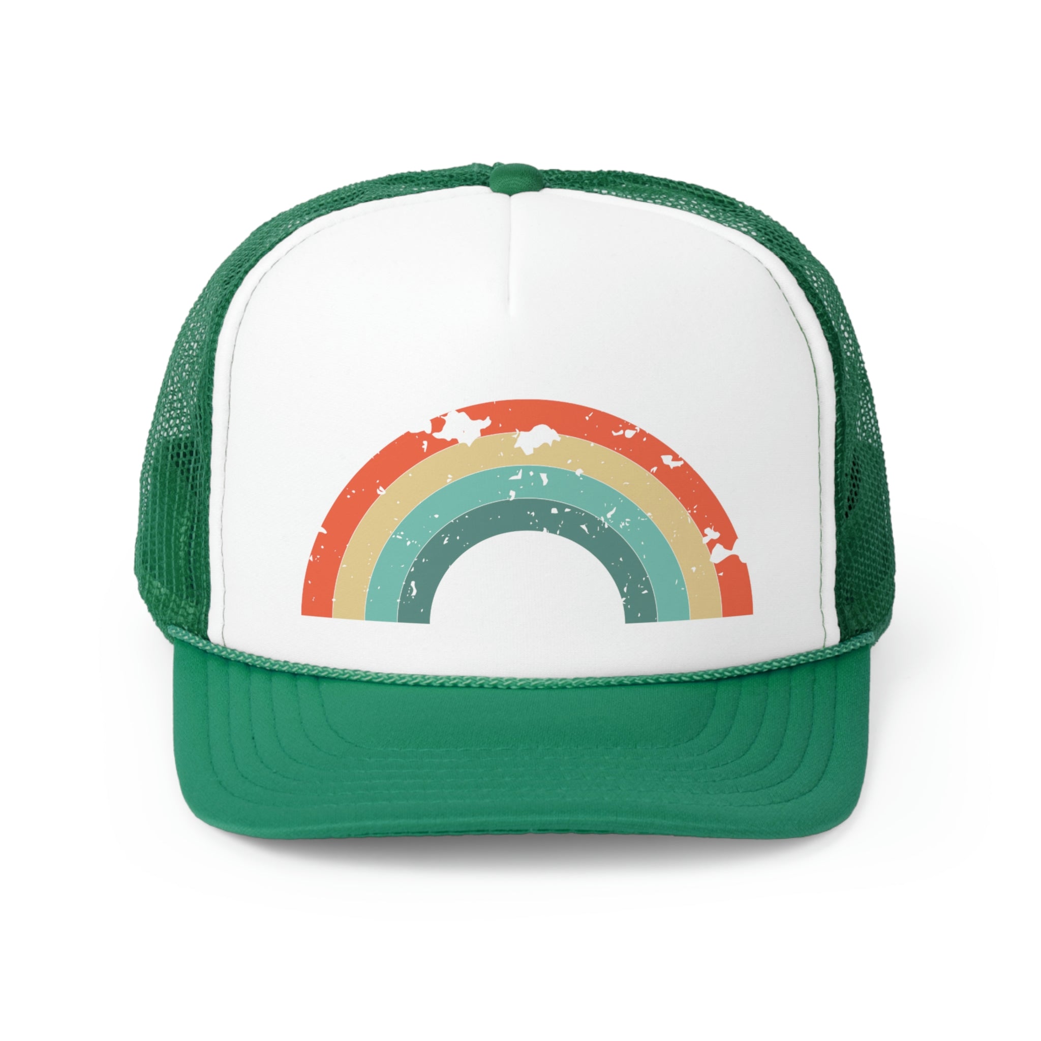 Distressed Retro Rainbow Trucker Hat featuring a colorful rainbow design and adjustable snap closure, perfect for casual wear.