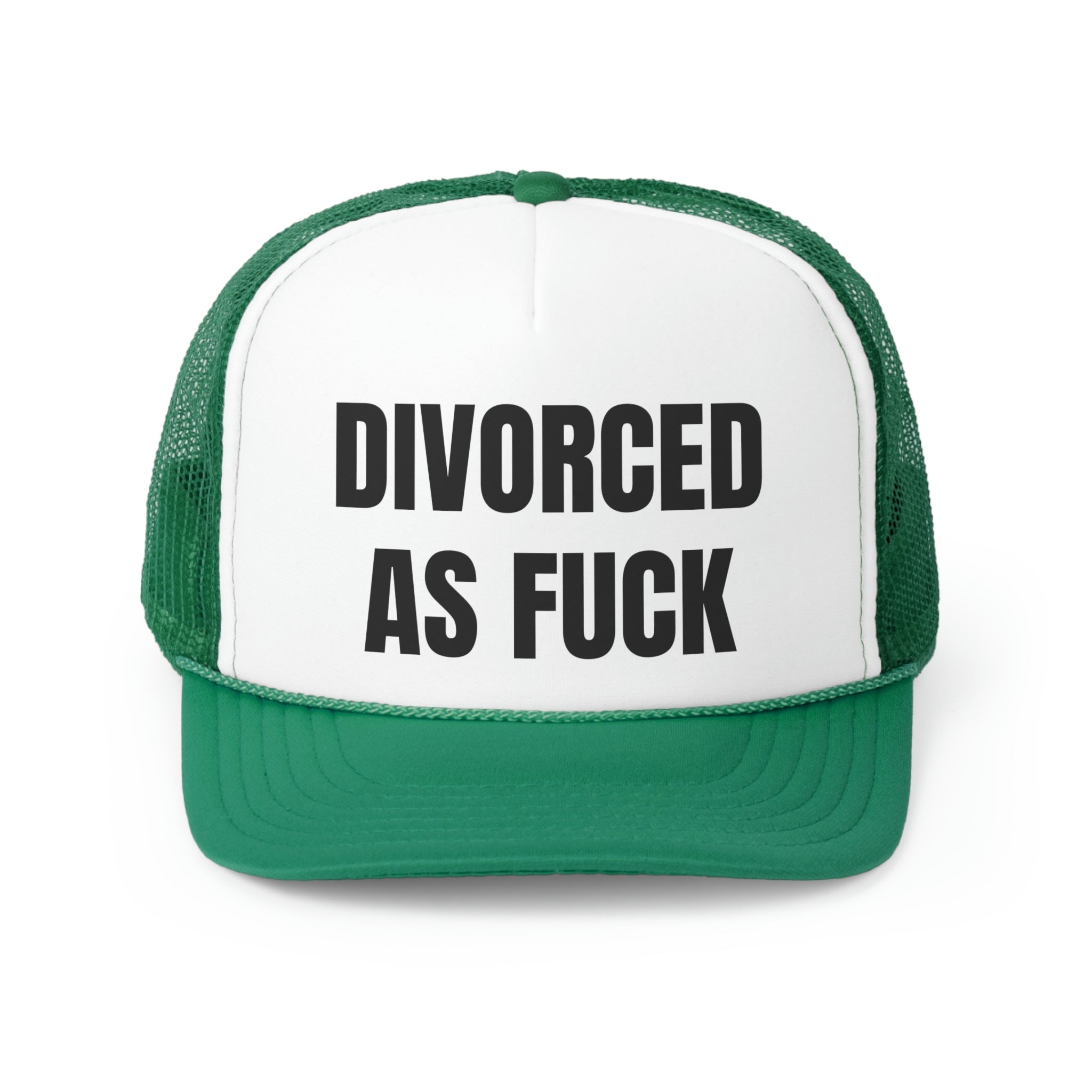 Divorced As Fuck Funny Trucker Hat with a humorous embroidered design on a durable polyester front and breathable mesh back.