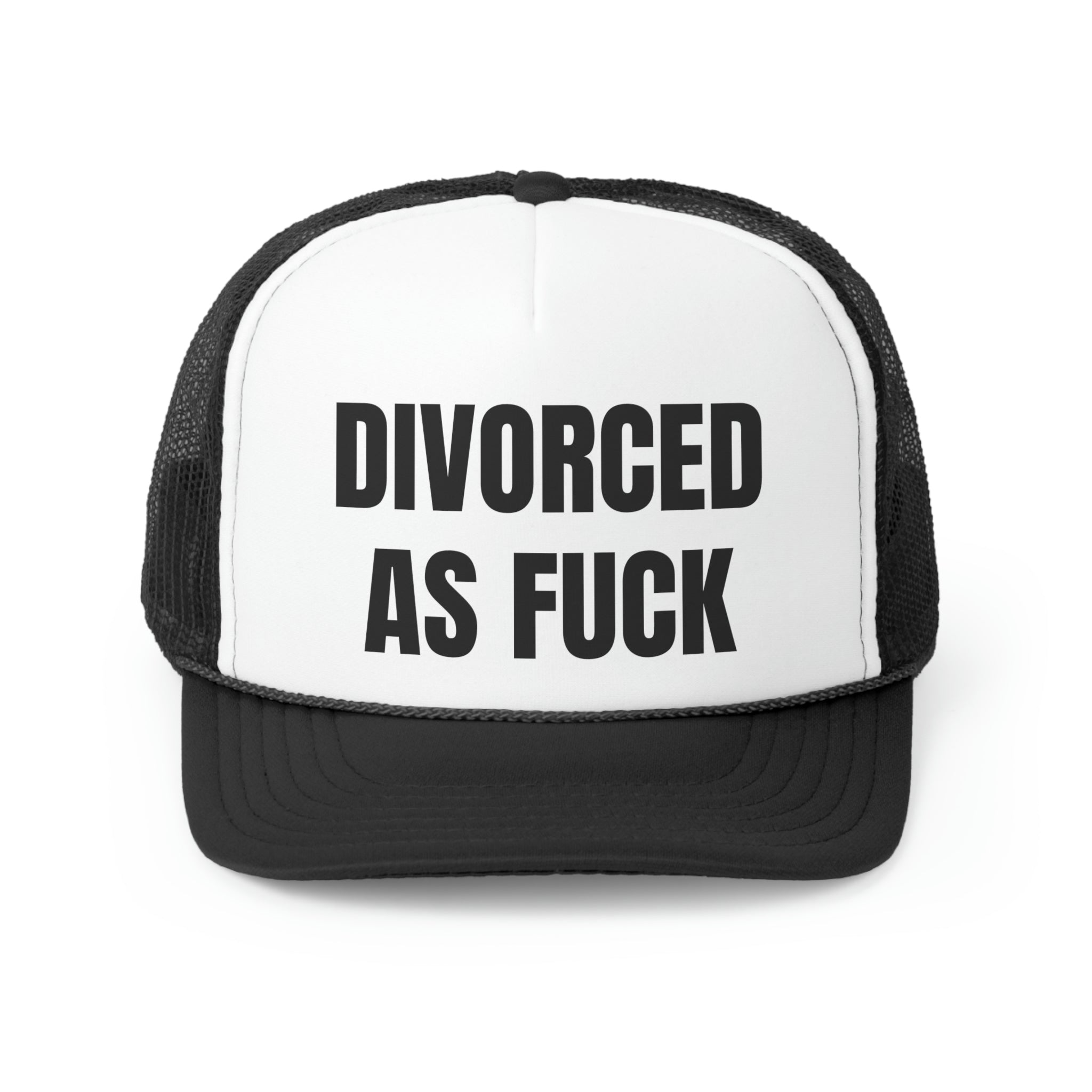 Divorced As Fuck Funny Trucker Hat with a humorous embroidered design on a durable polyester front and breathable mesh back.