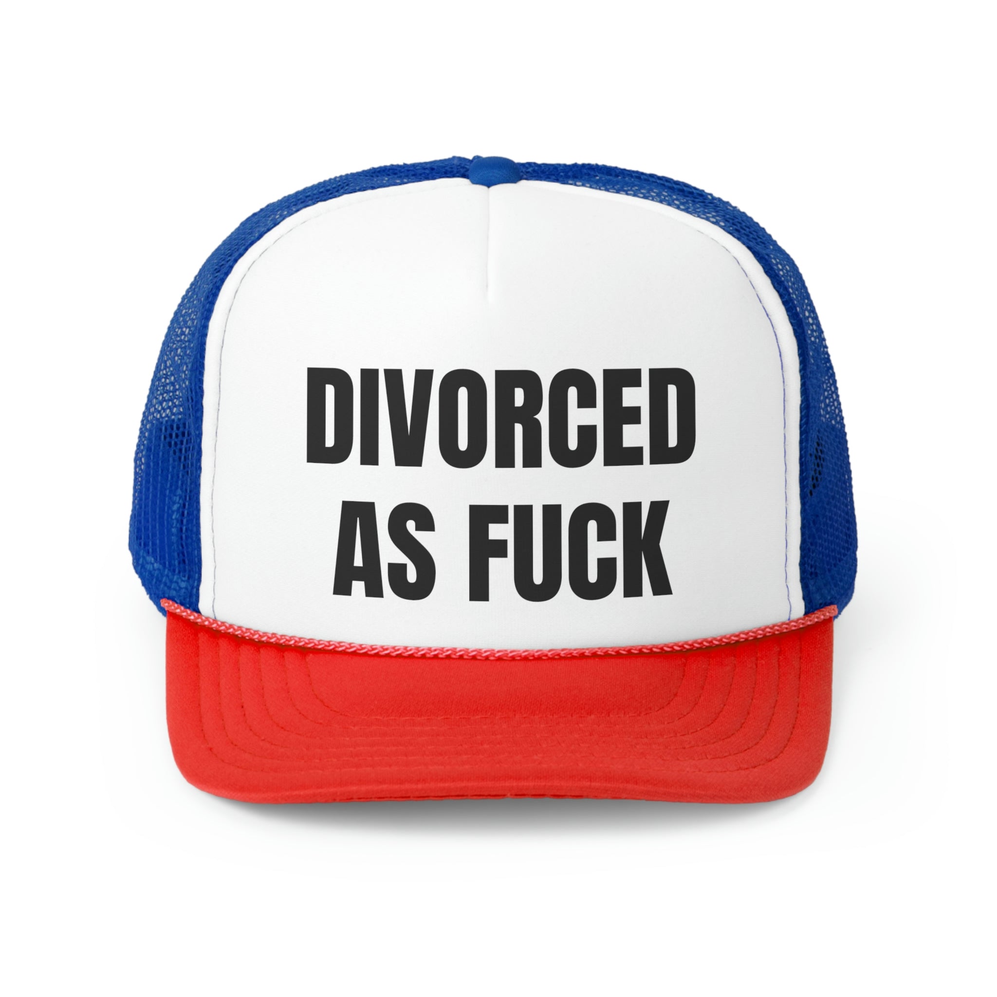 Divorced As Fuck Funny Trucker Hat with a humorous embroidered design on a durable polyester front and breathable mesh back.