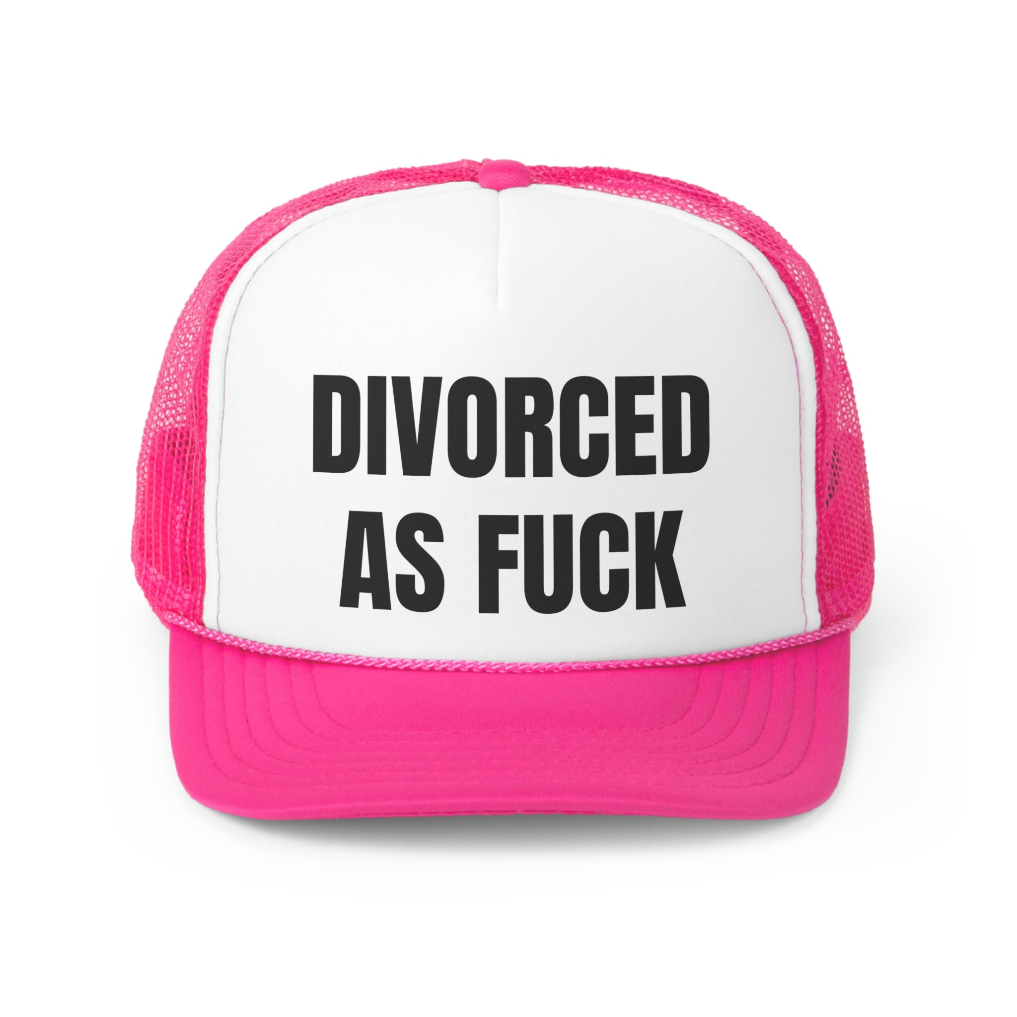 Divorced As Fuck Funny Trucker Hat with a humorous embroidered design on a durable polyester front and breathable mesh back.