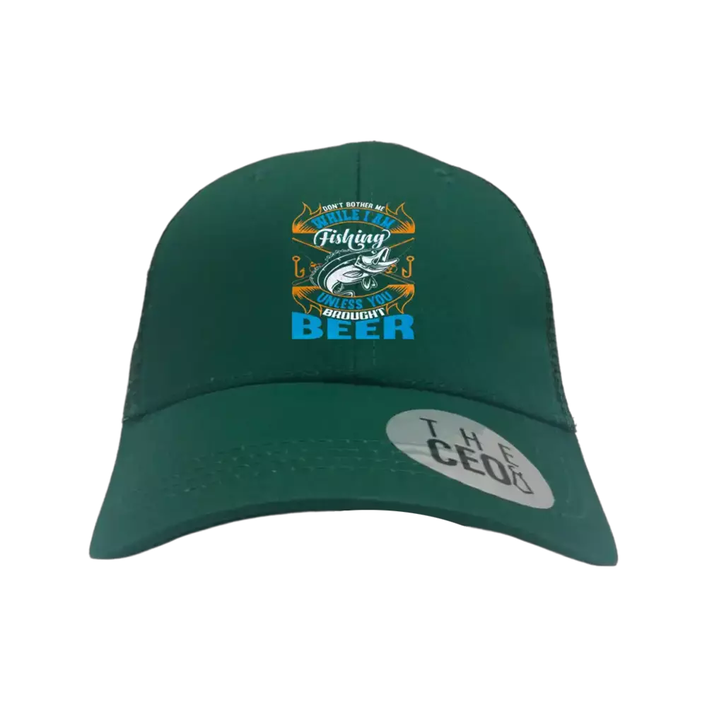 Embroidered trucker hat with 'Don't Bother Me While I'm Fishing' text, featuring a stylish design and snapback closure.