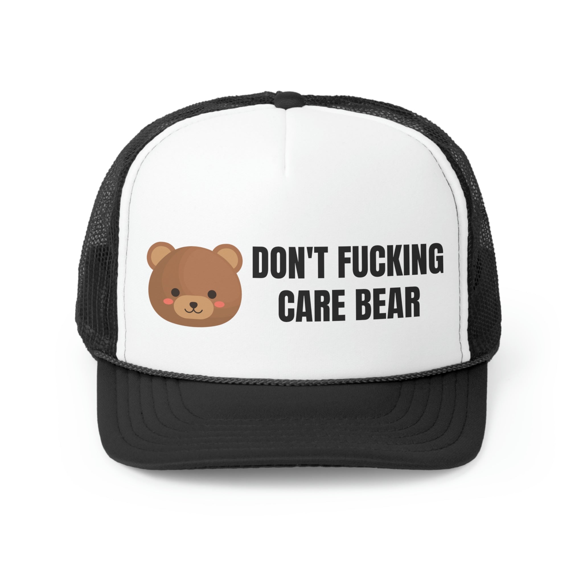 Don't Fucking Care Bear Funny Trucker Hat featuring a humorous design with a comfortable fit and durable materials.