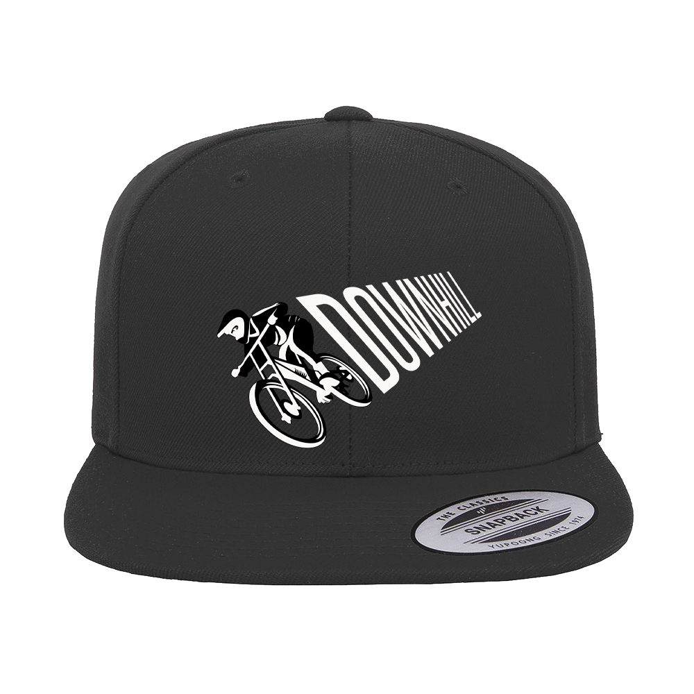 Downhill Cycling Embroidered Flat Bill Cap featuring a structured design, green under visor, and snapback closure.