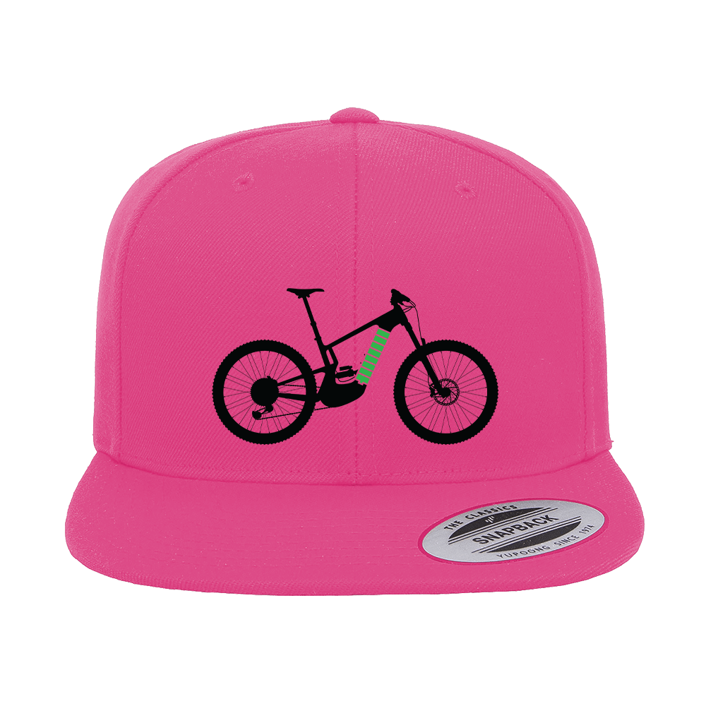 E Bike Embroidered Flat Bill Cap featuring a structured design, green under visor, and snapback closure, perfect for outdoor activities.