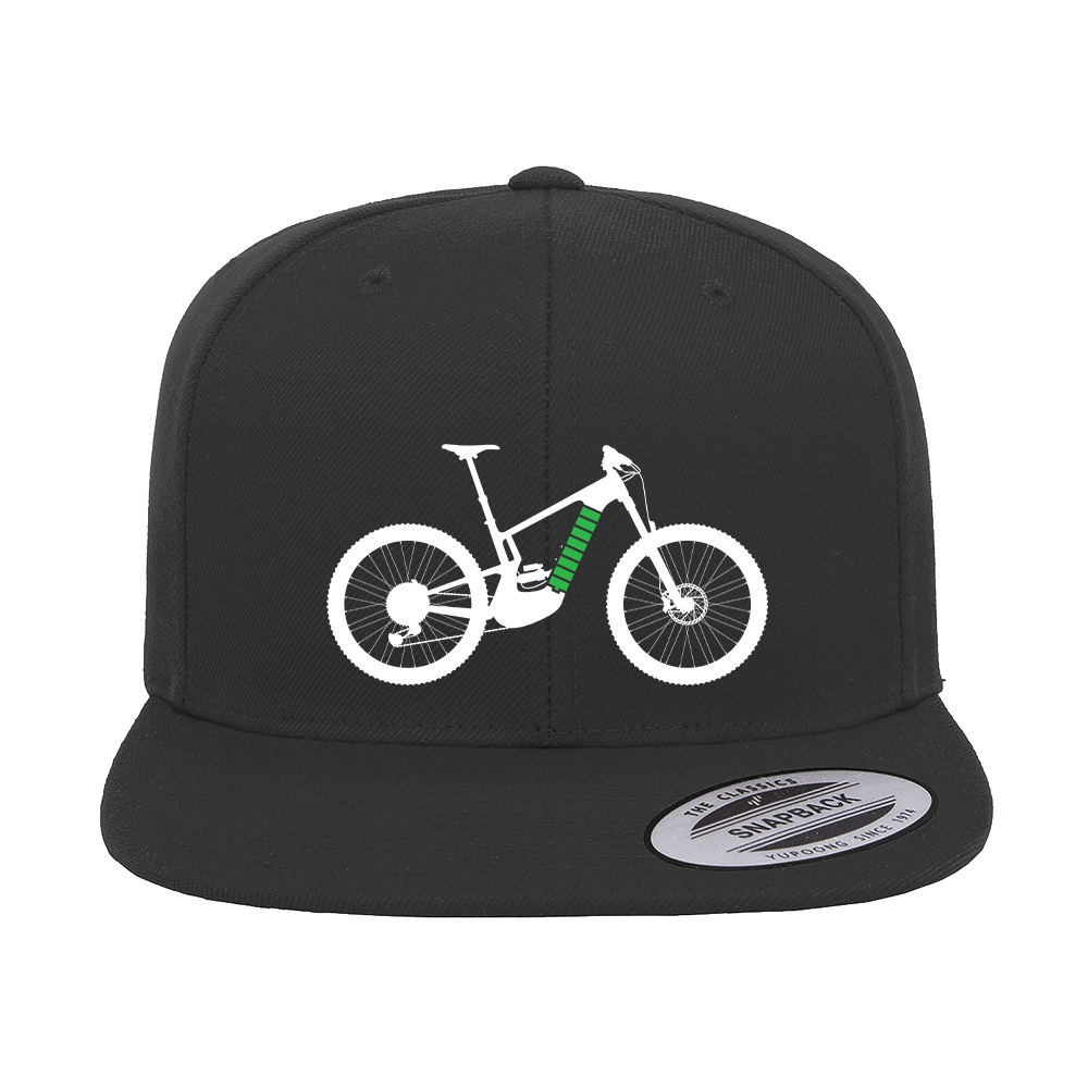 E Bike Embroidered Flat Bill Cap featuring a structured design, green under visor, and snapback closure, perfect for outdoor activities.