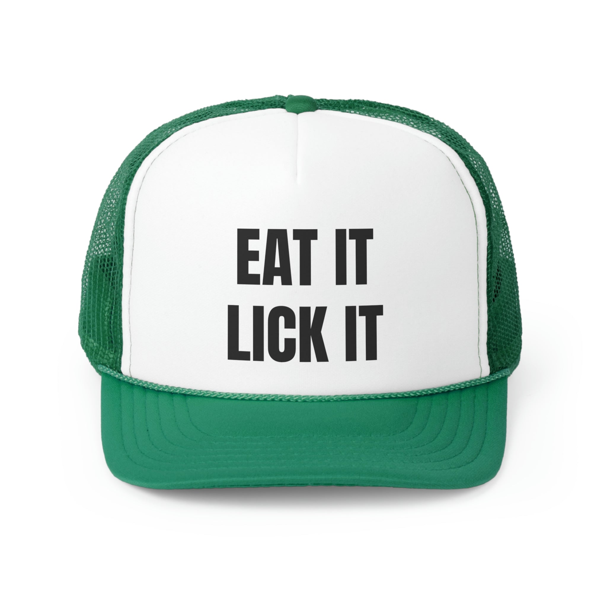 Eat It Lick It Funny Trucker Hat featuring a humorous design with a comfortable fit, perfect for casual wear.