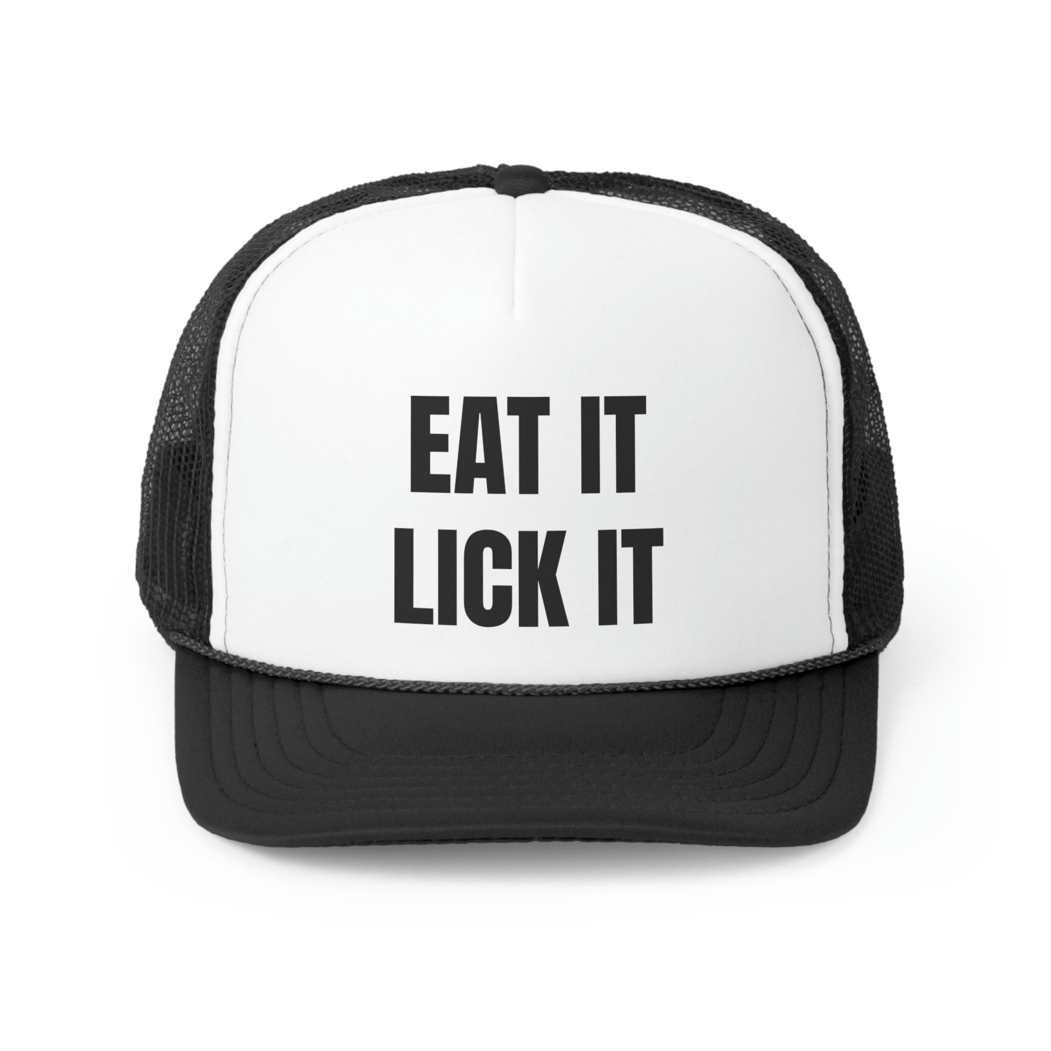 Eat It Lick It Funny Trucker Hat featuring a humorous design with a comfortable fit, perfect for casual wear.