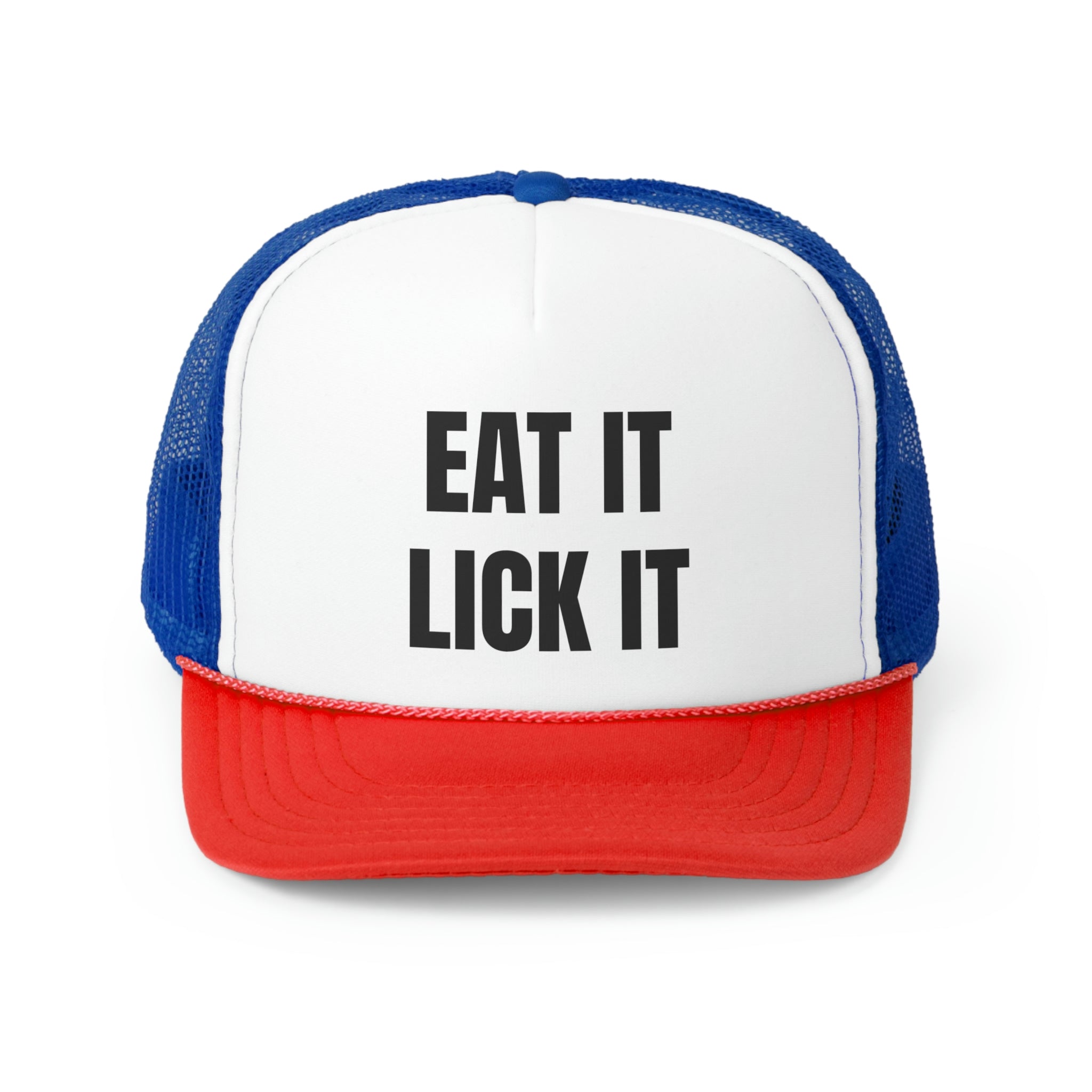 Eat It Lick It Funny Trucker Hat featuring a humorous design with a comfortable fit, perfect for casual wear.