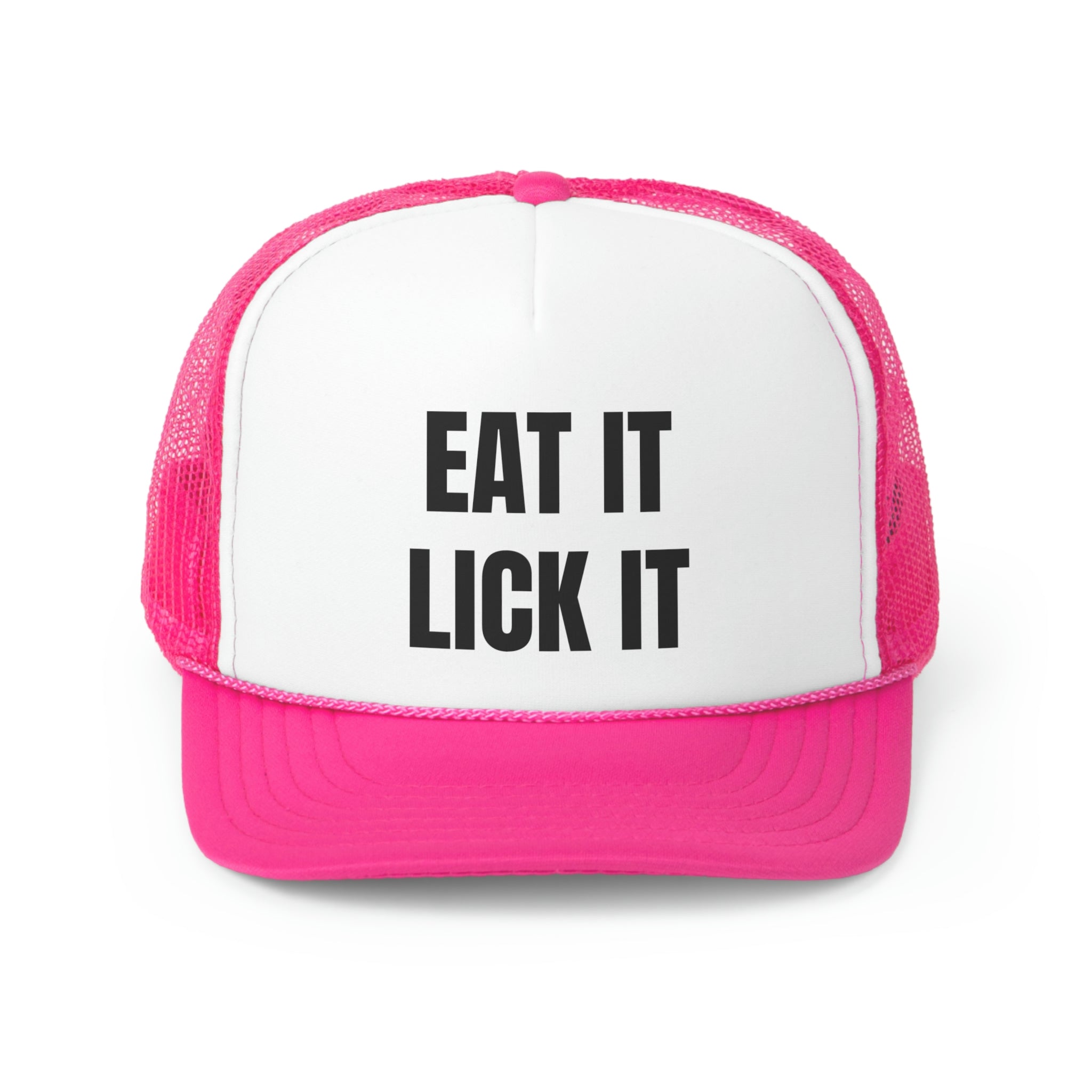 Eat It Lick It Funny Trucker Hat featuring a humorous design with a comfortable fit, perfect for casual wear.