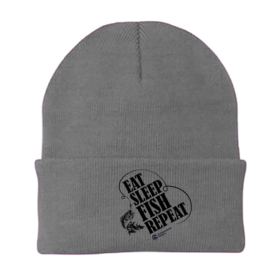 A cozy Eat Sleep Fish Repeat Embroidered Beanie in a stylish design, perfect for fishing enthusiasts.