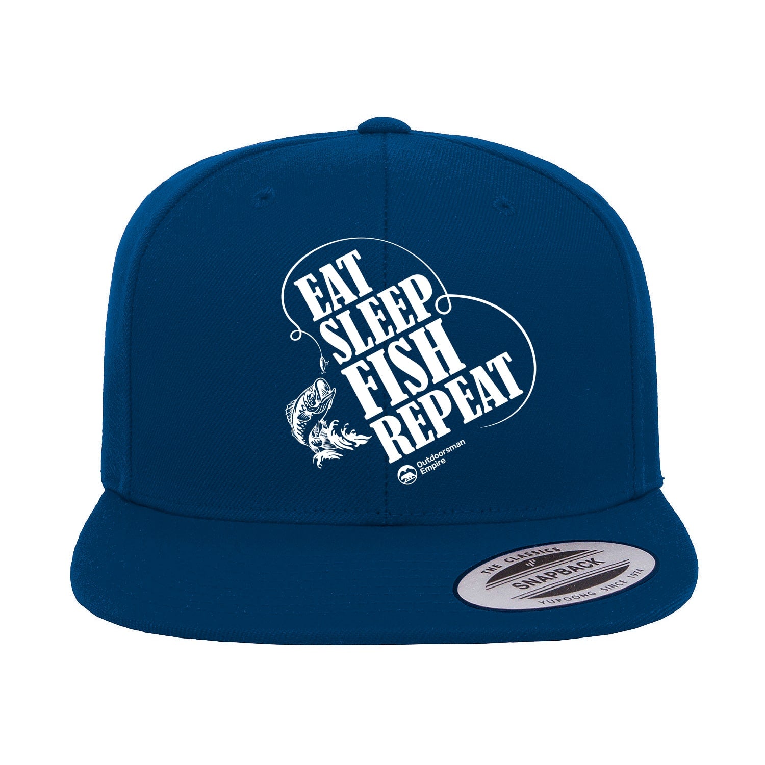 Eat Sleep Fish Repeat Embroidered Flat Bill Cap showcasing a structured design with a green under visor and snapback closure.