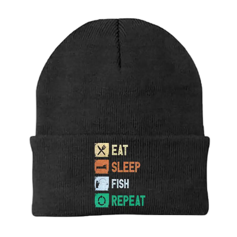 Eat Sleep Fishing Repeat Embroidered Beanie showcasing a unique fishing design, made from a soft cotton-acrylic blend, perfect for outdoor enthusiasts.