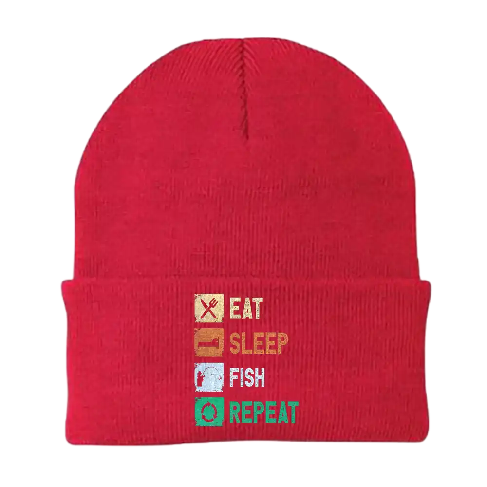 Eat Sleep Fishing Repeat Embroidered Beanie showcasing a unique fishing design, made from a soft cotton-acrylic blend, perfect for outdoor enthusiasts.