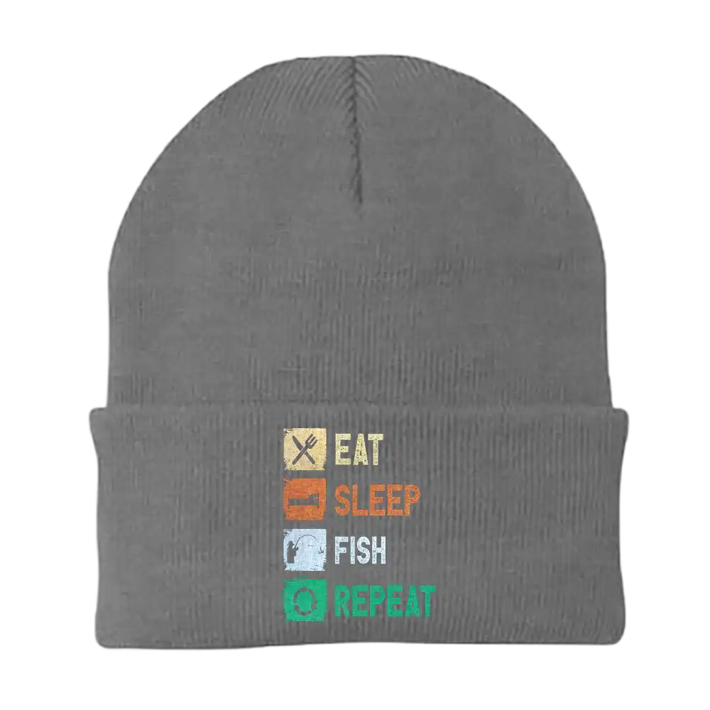 Eat Sleep Fishing Repeat Embroidered Beanie showcasing a unique fishing design, made from a soft cotton-acrylic blend, perfect for outdoor enthusiasts.