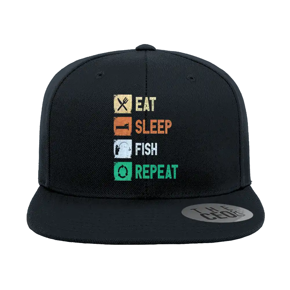 Eat Sleep Fishing Repeat Printed Flat Bill Cap featuring a stylish flat bill and fishing-themed print, made from 100% cotton with a snapback closure.