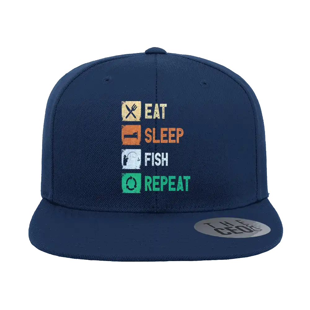 Eat Sleep Fishing Repeat Printed Flat Bill Cap featuring a stylish flat bill and fishing-themed print, made from 100% cotton with a snapback closure.