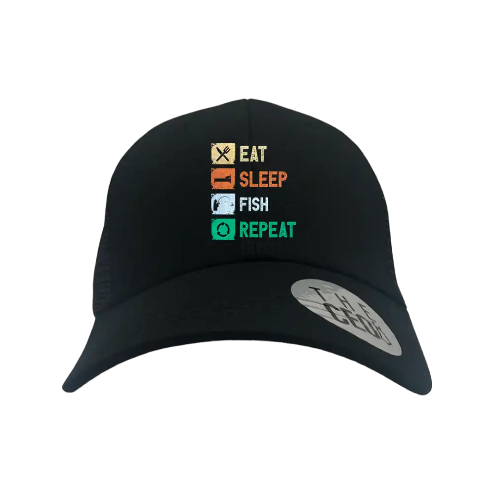 Eat Sleep Fishing Repeat Printed Trucker Hat featuring a bold fishing slogan, comfortable snapback closure, and breathable cotton material.