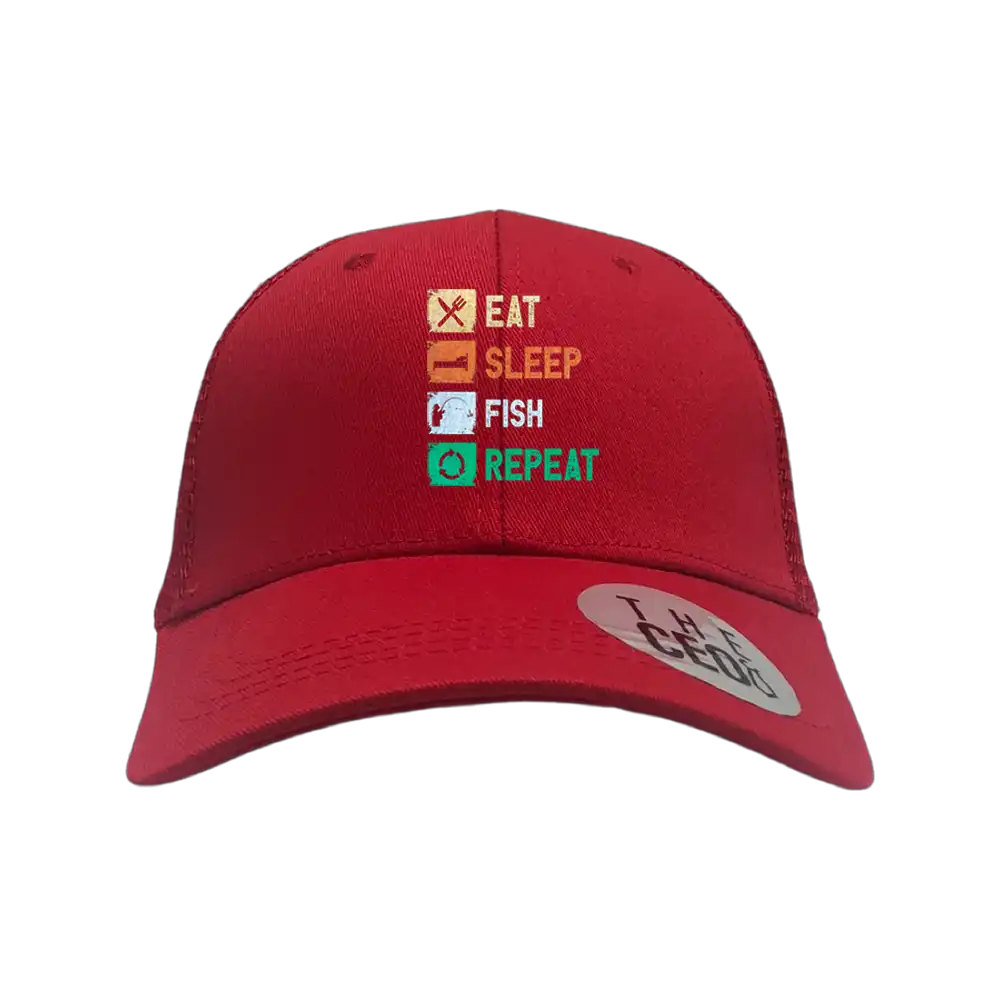 Eat Sleep Fishing Repeat Printed Trucker Hat featuring a bold fishing slogan, comfortable snapback closure, and breathable cotton material.