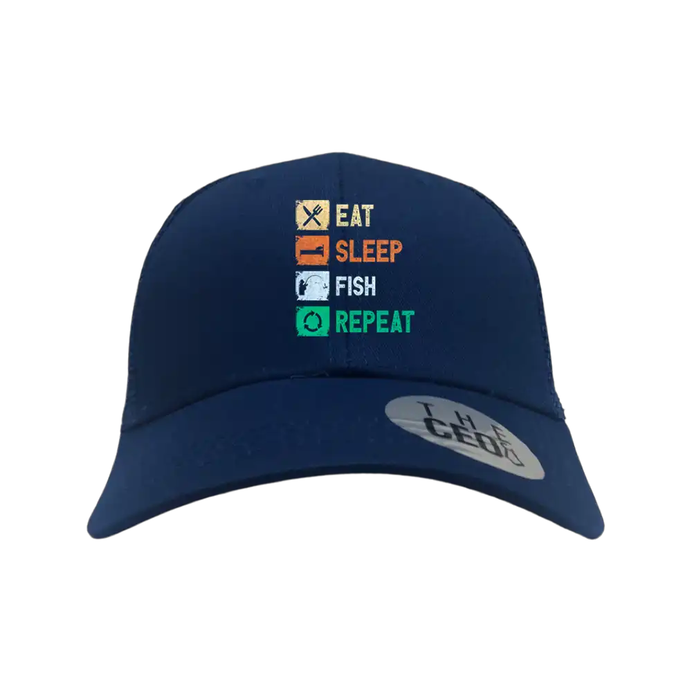 Eat Sleep Fishing Repeat Printed Trucker Hat featuring a bold fishing slogan, comfortable snapback closure, and breathable cotton material.