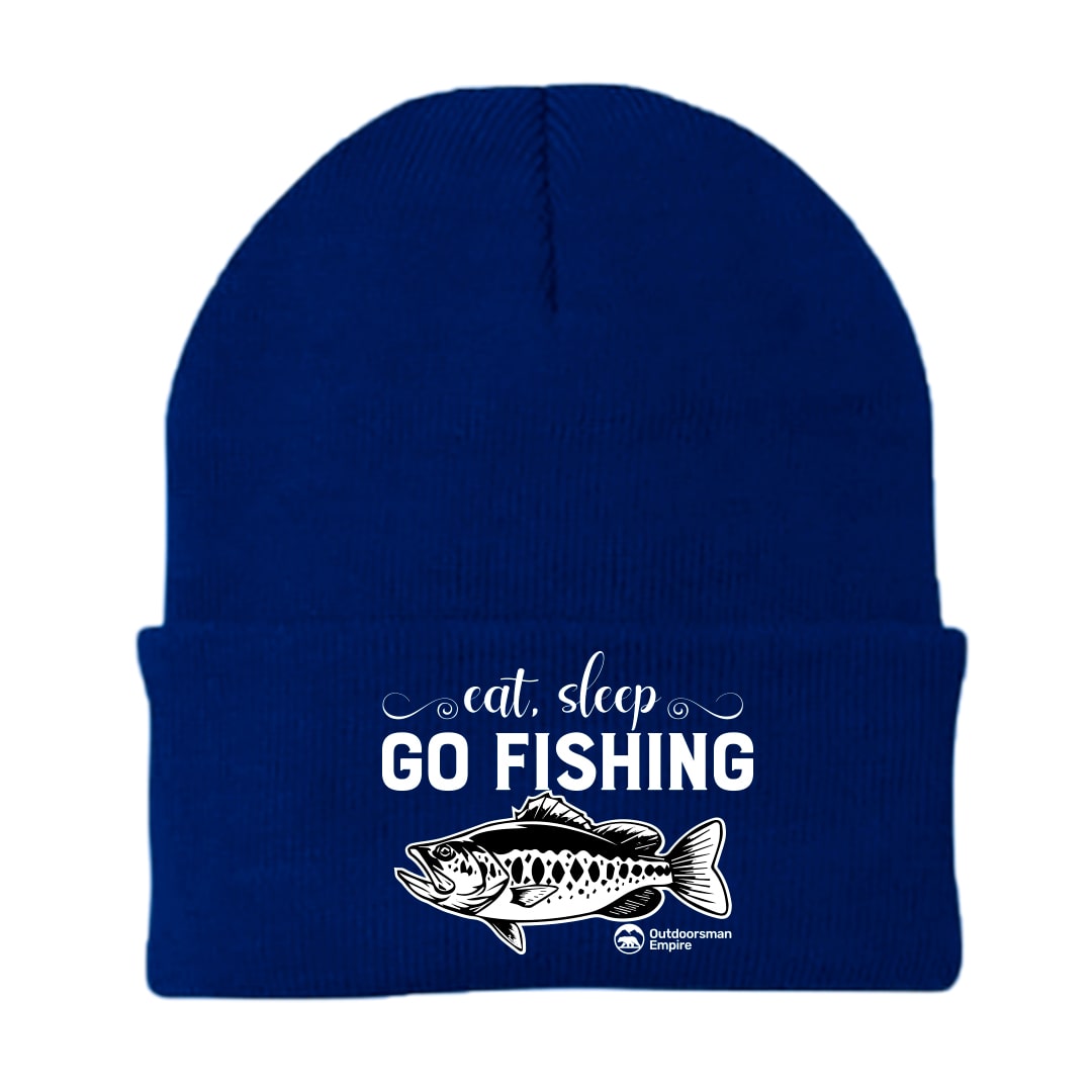 Eat Sleep Go Fishing Embroidered Beanie showcasing a unique fishing design, made from a comfortable cotton-acrylic blend.