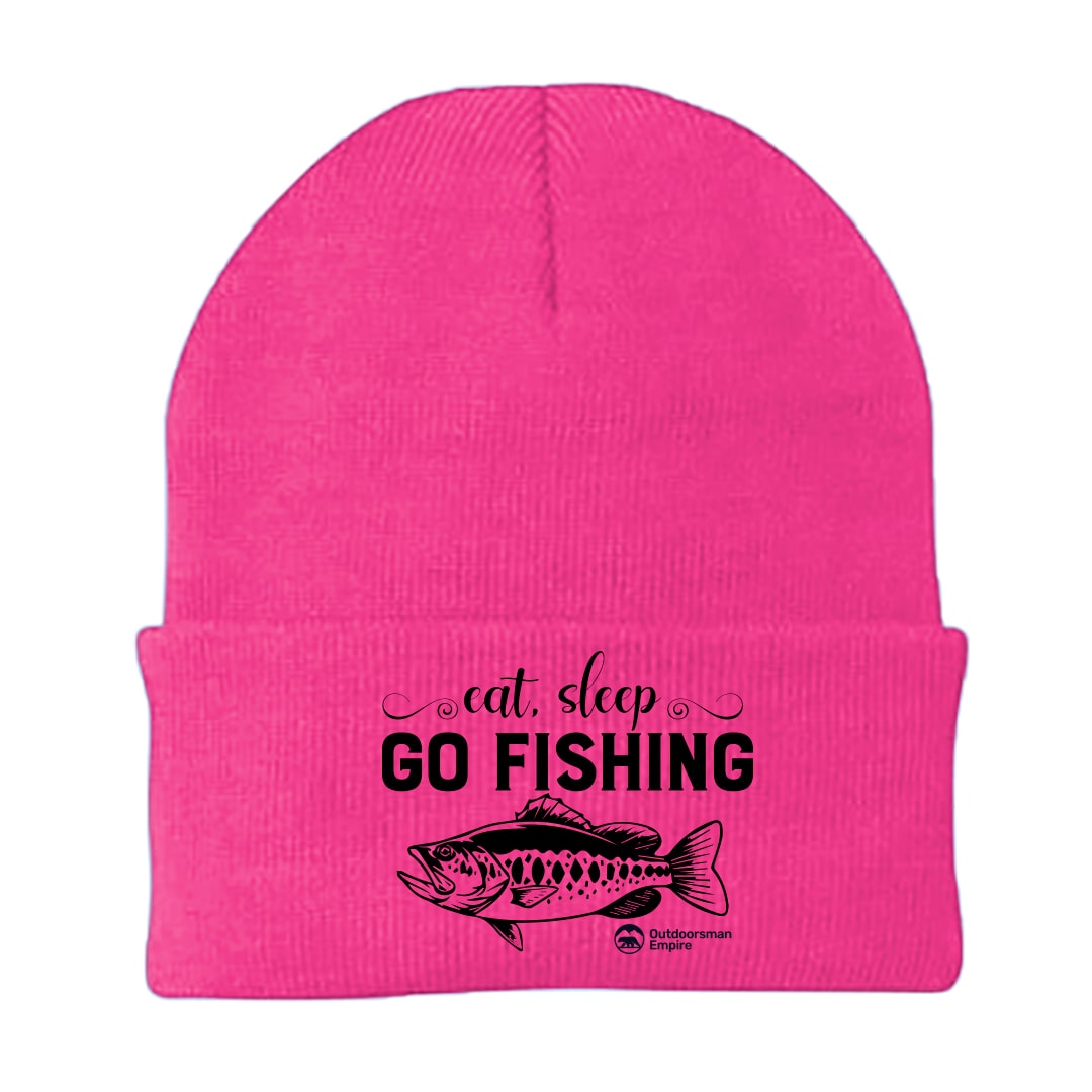 Eat Sleep Go Fishing Embroidered Beanie showcasing a unique fishing design, made from a comfortable cotton-acrylic blend.