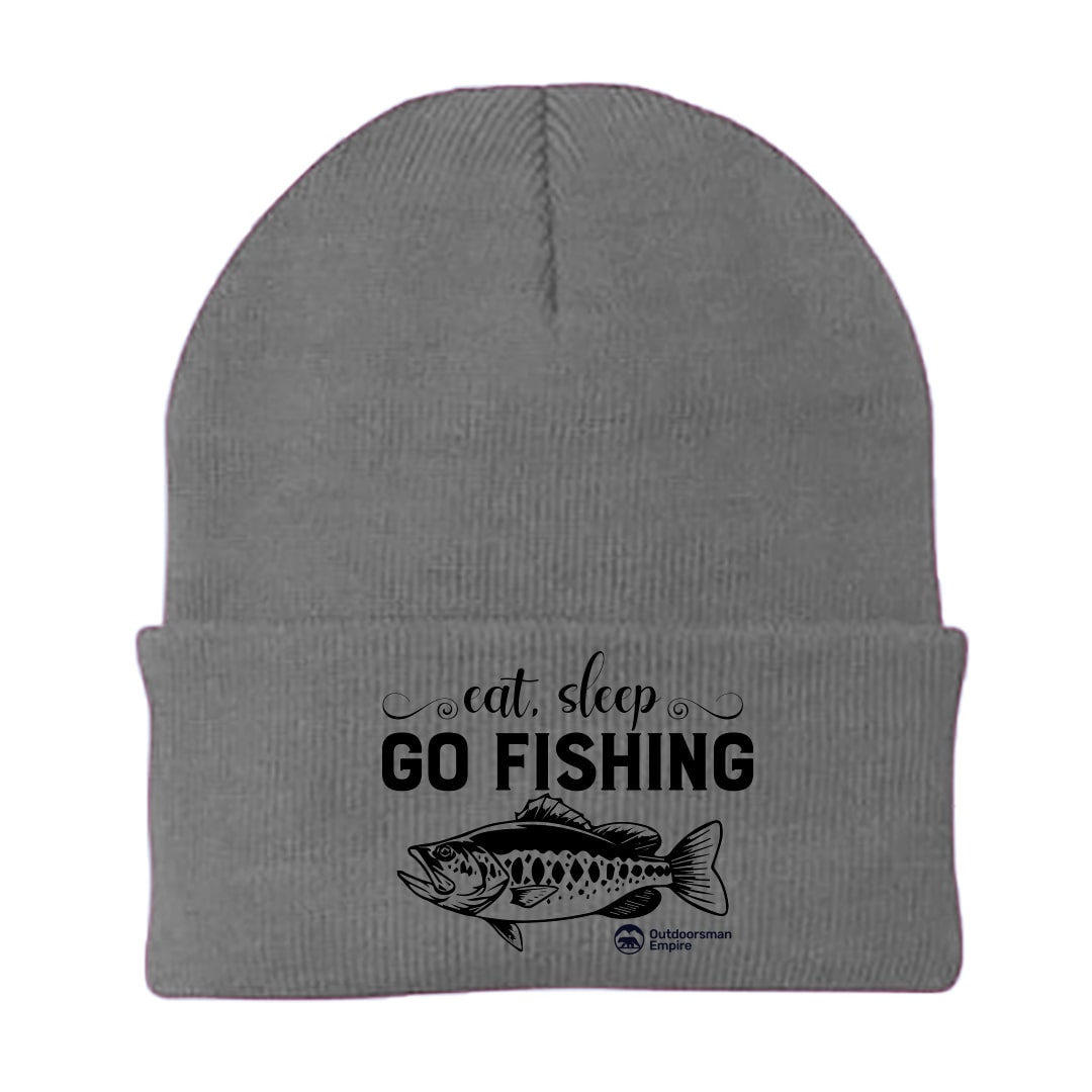 Eat Sleep Go Fishing Embroidered Beanie showcasing a unique fishing design, made from a comfortable cotton-acrylic blend.