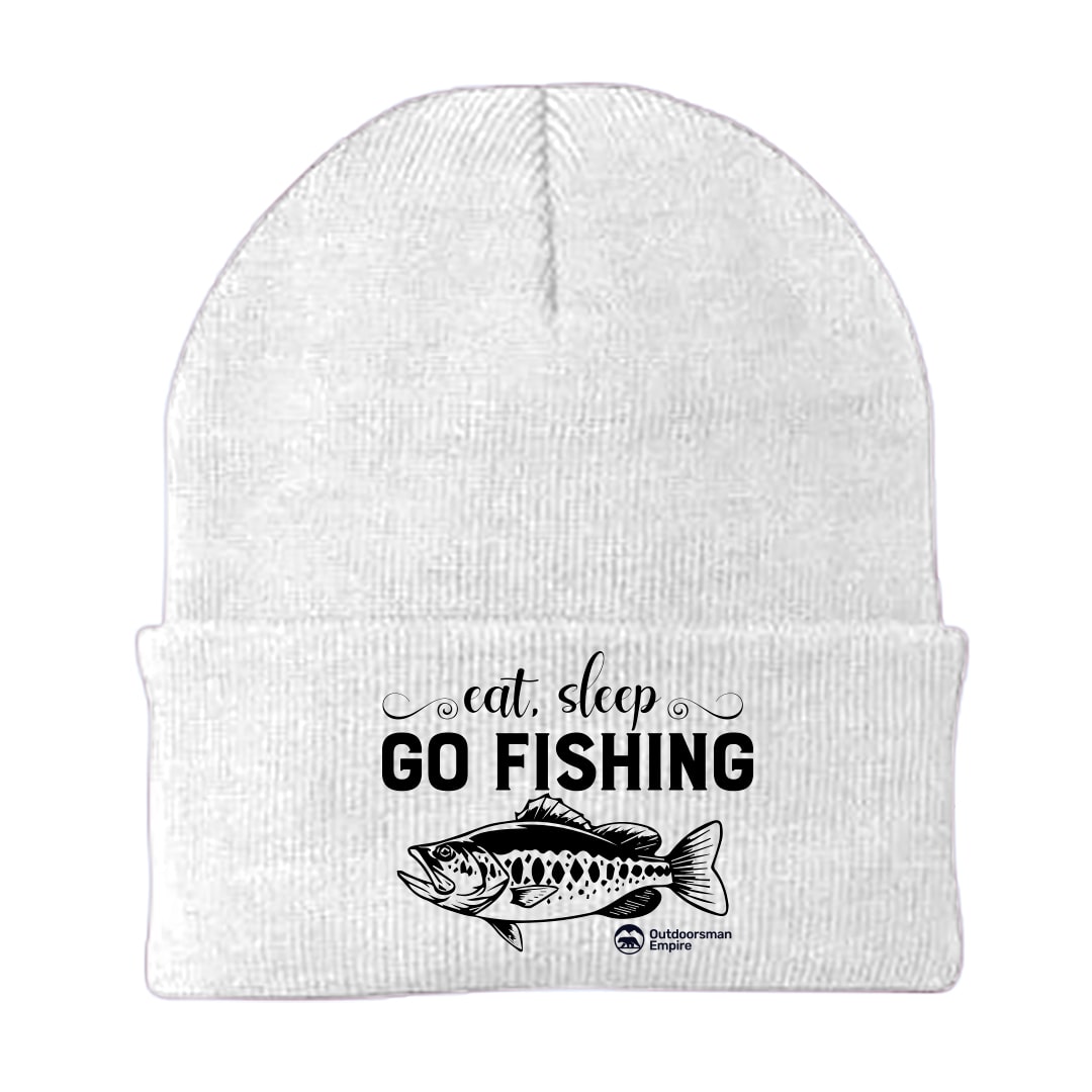 Eat Sleep Go Fishing Embroidered Beanie showcasing a unique fishing design, made from a comfortable cotton-acrylic blend.