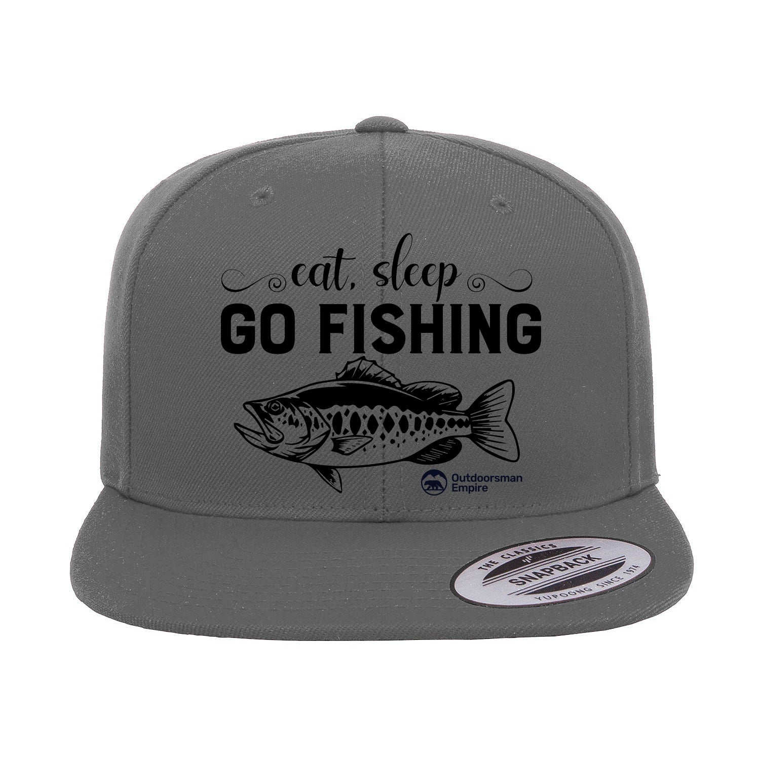 Eat Sleep Go Fishing Embroidered Flat Bill Cap featuring a structured design and green under visor, perfect for fishing enthusiasts.