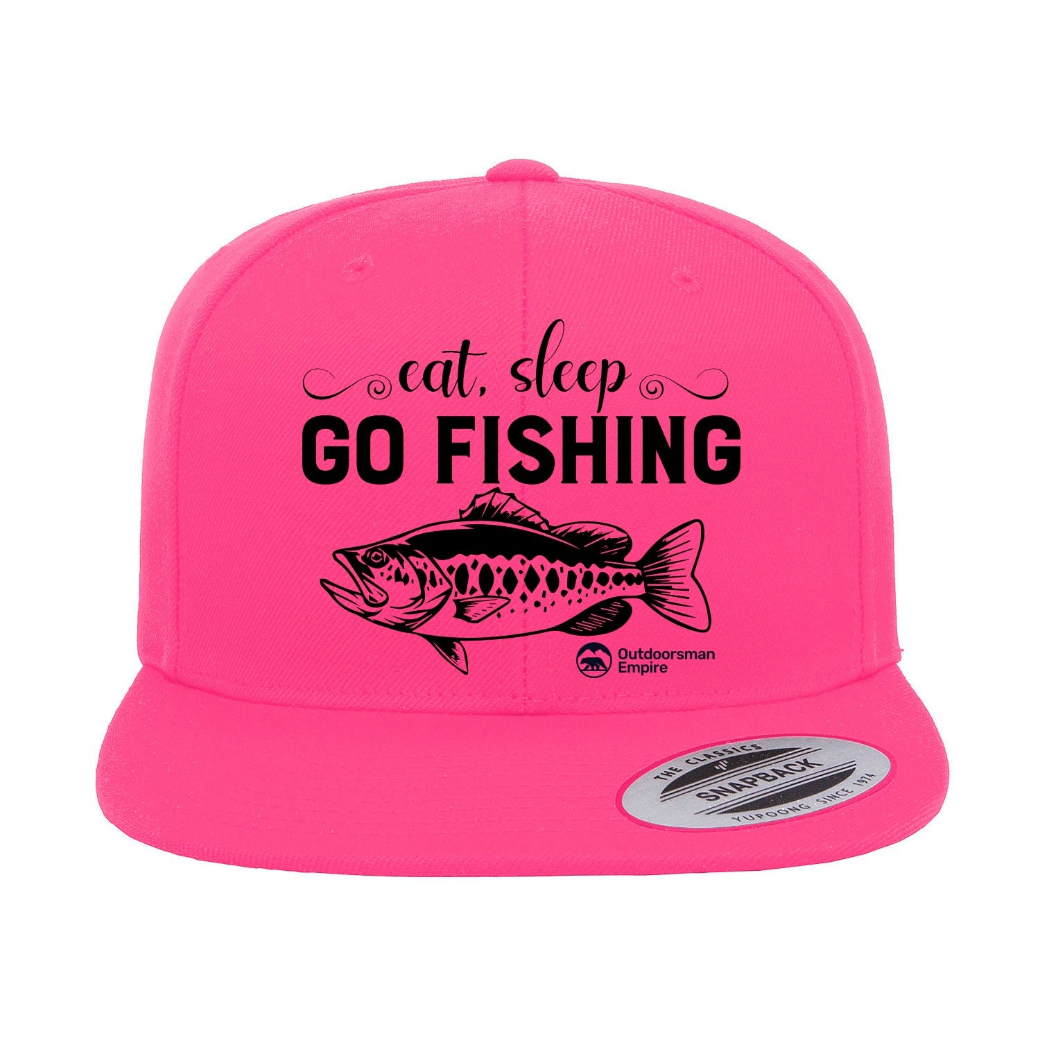 Eat Sleep Go Fishing Embroidered Flat Bill Cap featuring a structured design and green under visor, perfect for fishing enthusiasts.