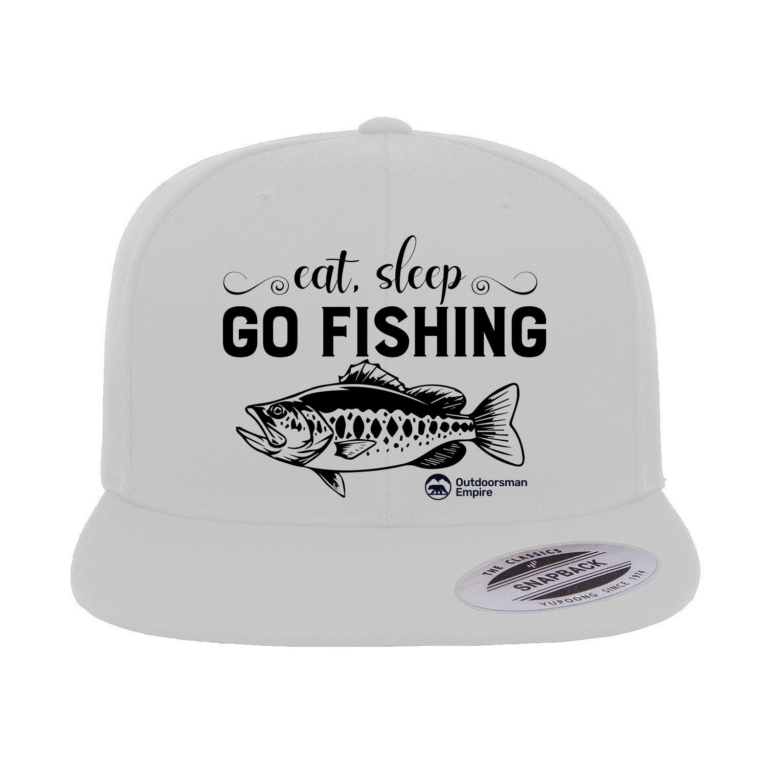 Eat Sleep Go Fishing Embroidered Flat Bill Cap featuring a structured design and green under visor, perfect for fishing enthusiasts.