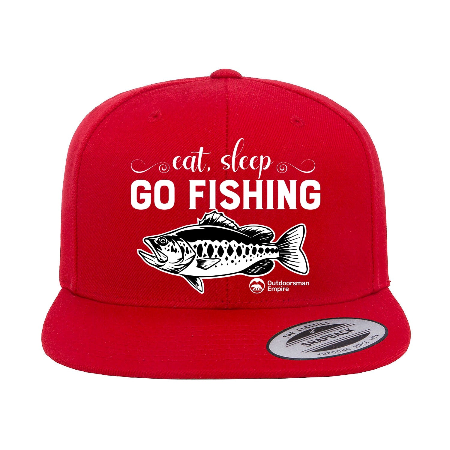 Eat Sleep Go Fishing Embroidered Flat Bill Cap featuring a structured design and green under visor, perfect for fishing enthusiasts.