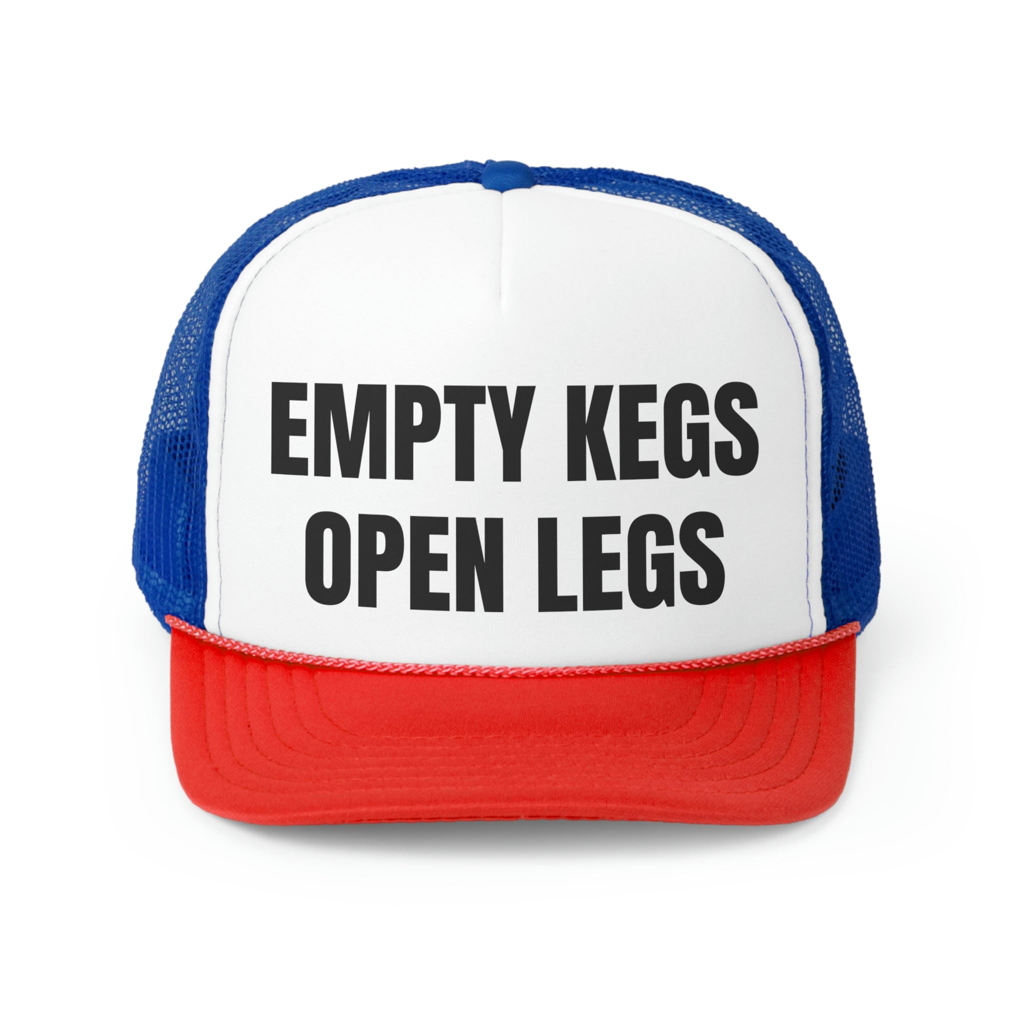 A funny trucker hat featuring the phrase 'Empty Kegs Open Legs', made from durable polyester and nylon mesh, perfect for casual wear.