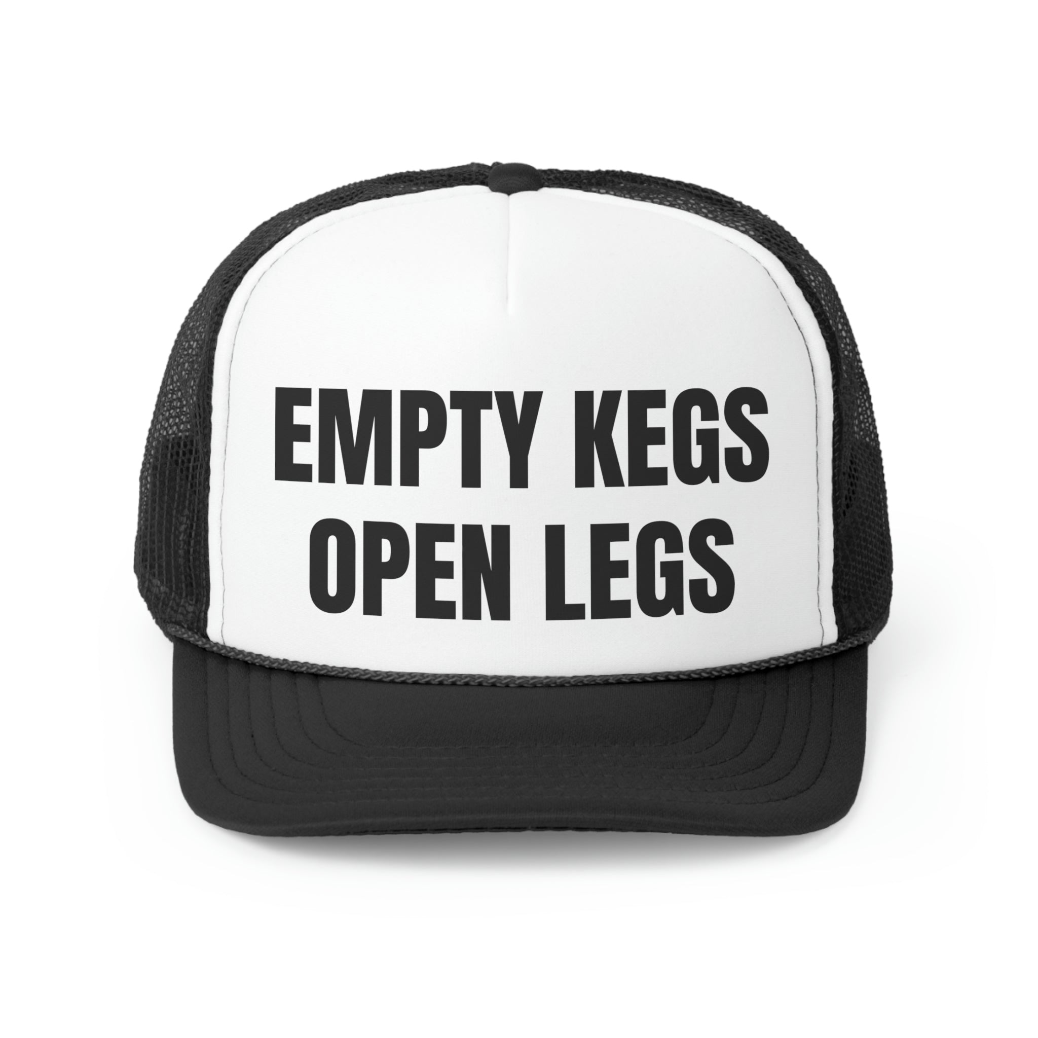 A funny trucker hat featuring the phrase 'Empty Kegs Open Legs', made from durable polyester and nylon mesh, perfect for casual wear.