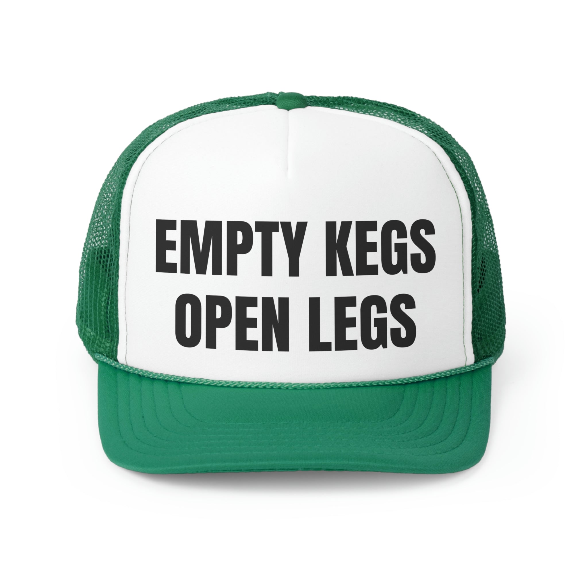 A funny trucker hat featuring the phrase 'Empty Kegs Open Legs', made from durable polyester and nylon mesh, perfect for casual wear.