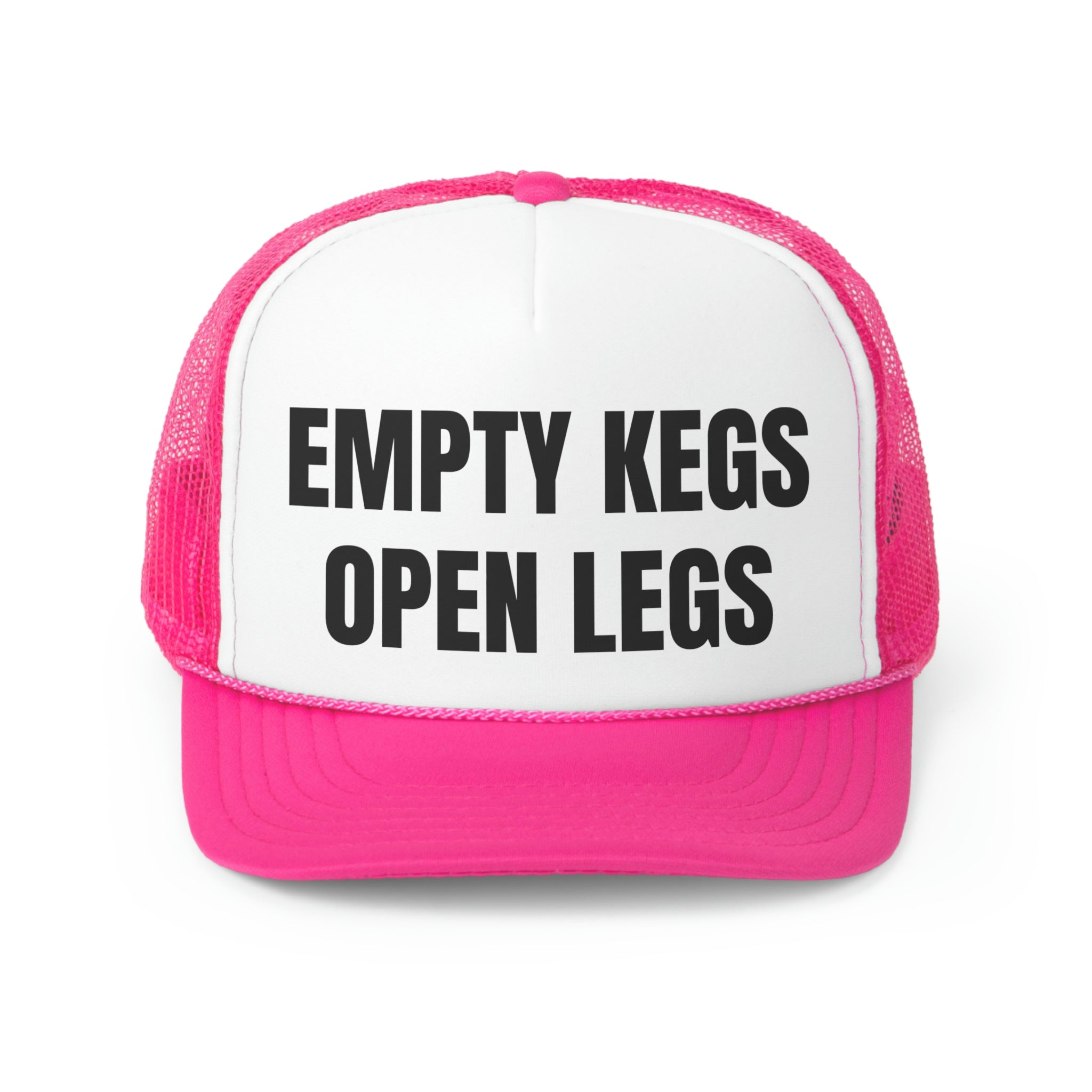 A funny trucker hat featuring the phrase 'Empty Kegs Open Legs', made from durable polyester and nylon mesh, perfect for casual wear.