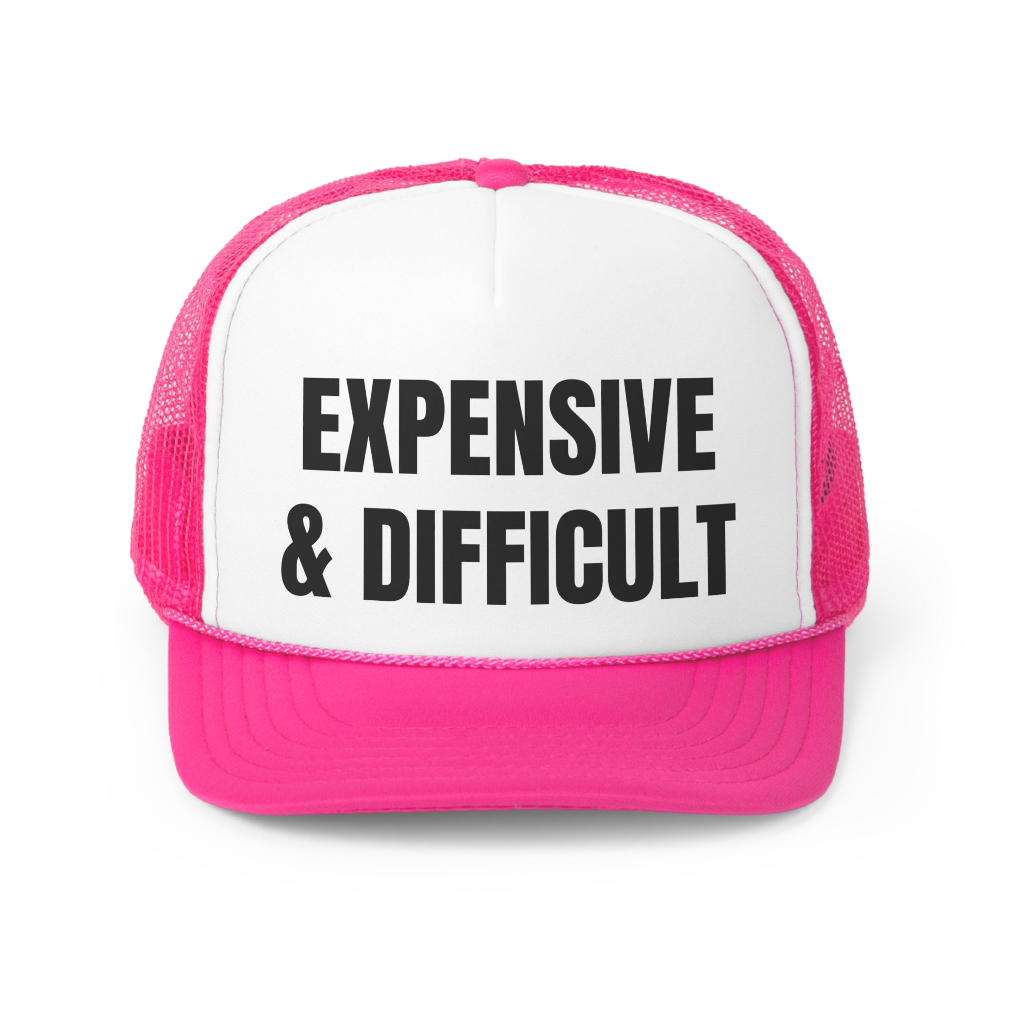 Expensive and Difficult Funny Trucker Hat featuring a humorous design with a polyester front and nylon mesh back, adjustable snap closure.