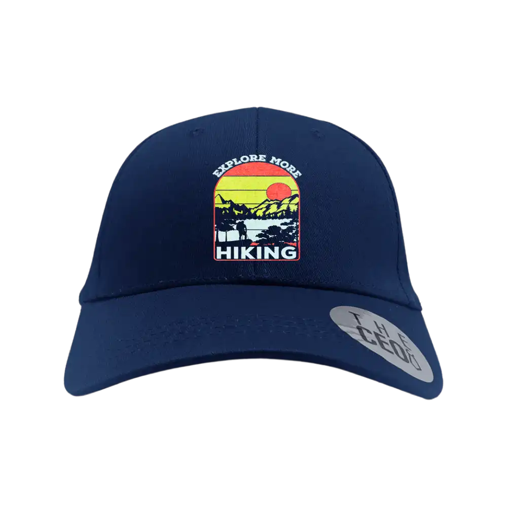 Explore More Hiking Embroidered Baseball Hat featuring a stylish design, snapback closure, and made from 100% cotton.