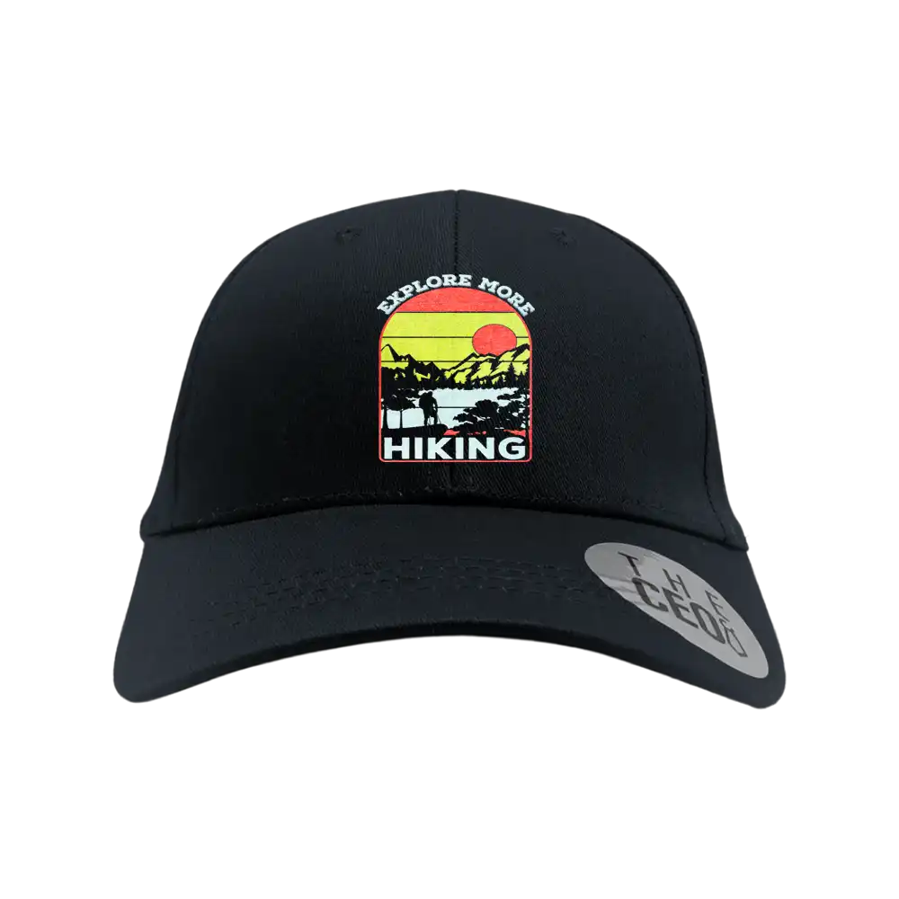 Explore More Hiking Embroidered Baseball Hat featuring a stylish design, snapback closure, and made from 100% cotton.