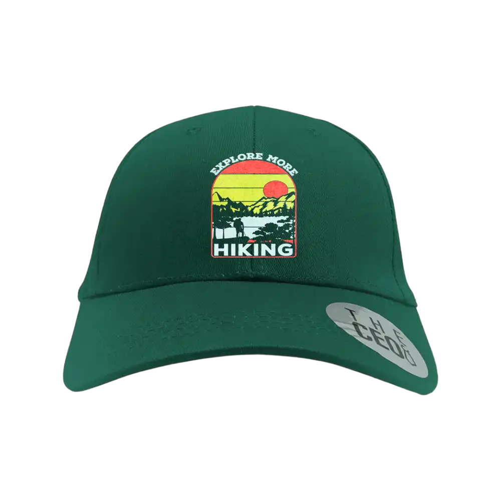 Explore More Hiking Embroidered Baseball Hat featuring a stylish design, snapback closure, and made from 100% cotton.