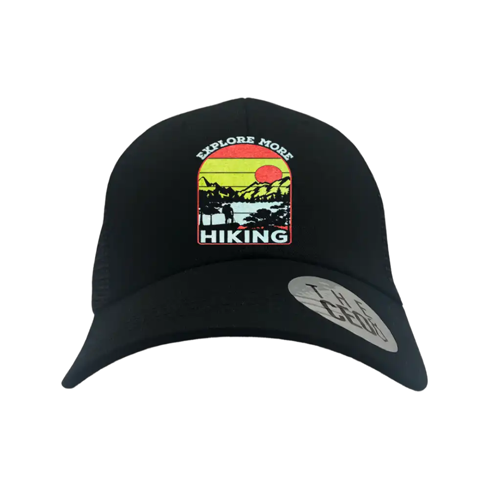 Black cap with hiking patch.